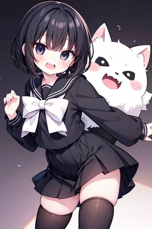 Girl, pale skin, short fluffy black hair, black eyes, sailor uniform, laughing maniacally, cute, bully, yandere, anime