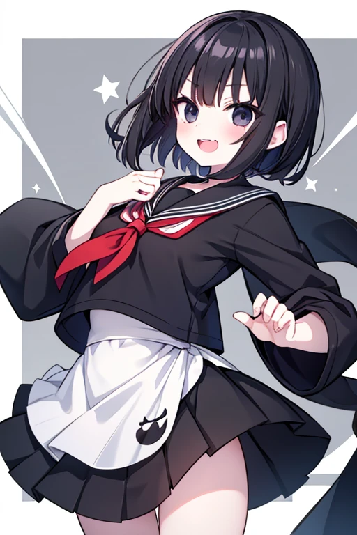 Girl, pale skin, short fluffy black hair, black eyes, sailor uniform, laughing maniacally, cute, bully, yandere, anime