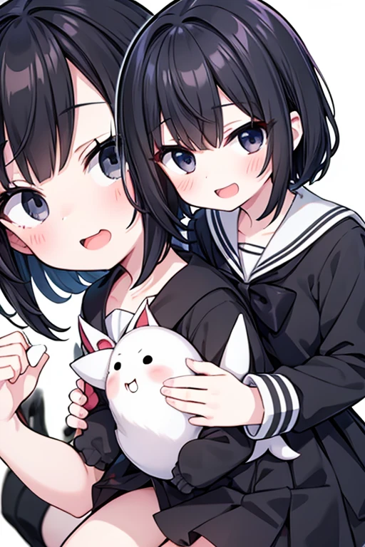 Girl, pale skin, short fluffy black hair, black eyes, sailor uniform, laughing maniacally, cute, bully, yandere, anime