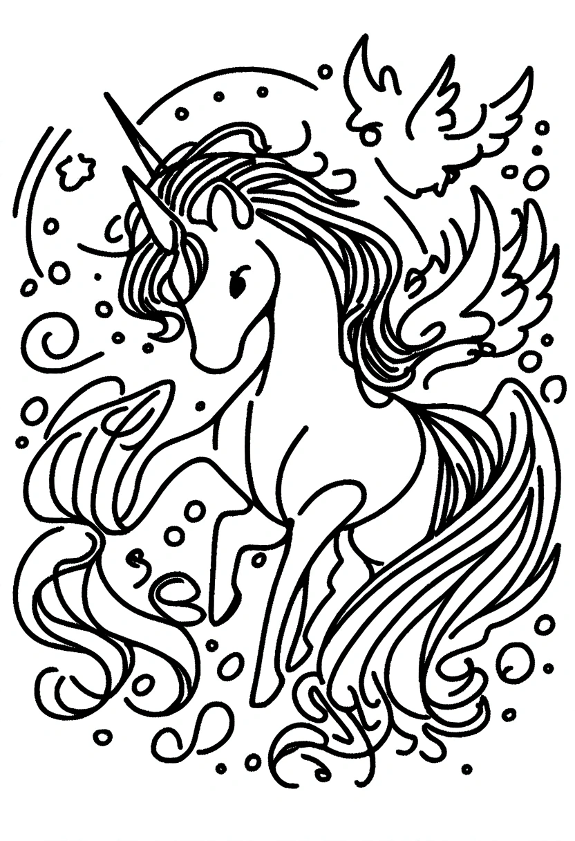 different unicorns, coloring page for kids, line art, no color, white background
