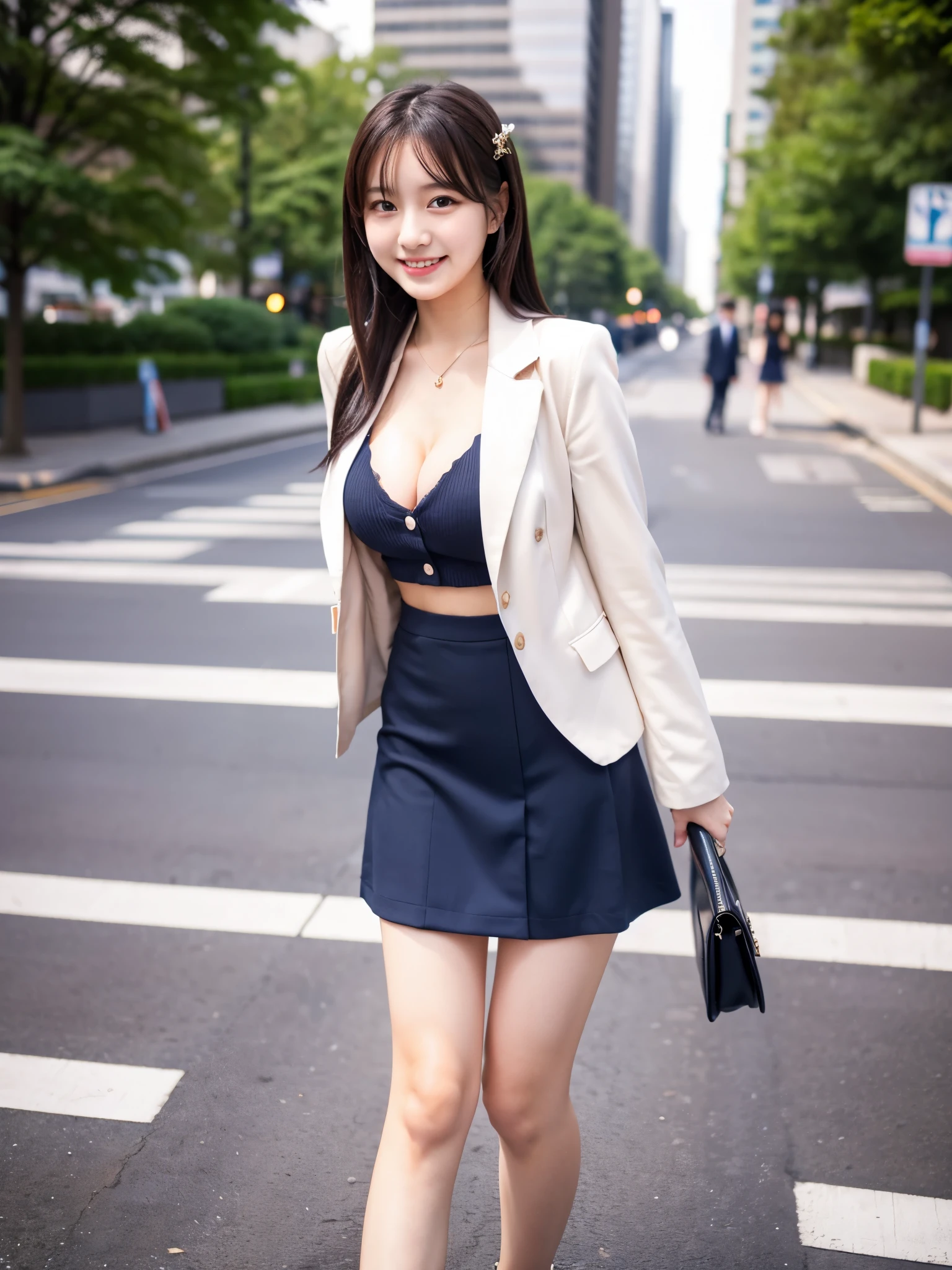 masterpiece、超High resolution、She is very cute and young like an idol..々A cute 18-year-old businesswoman、Gentle and cute、A kind smile、A business jacket that shows off 、Medium Bust、Business Mini Skirt、Walking on urban sidewalks whole body、RAW Photos、Genuine、High resolution、live-action
