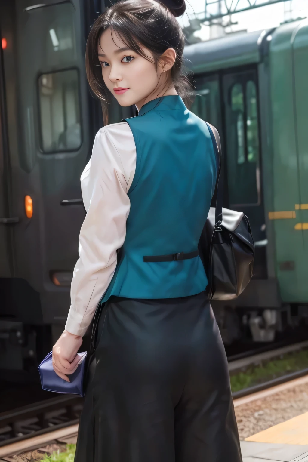 (masterpiece:1.2, highest quality:1.2), 32K HDR, High resolution, (alone、1 girl)、(At the station platform in the afternoon、Professional Lighting)、Background of an empty station platform、(Nankai Train crew uniformを着たリアルスタイル)、(The green vest of the Nankai train crew uniform、Nankai train crew uniform long-sleeved blouse with no collar、Nankai Train Crew Uniform Black Culottes)、Scarf around the neck、Dark brown hair、(Hair tied up、Hair Bun、Hair Bun)、Dark brown hair、Long Shot、Big Breasts、Thin legs、((Great hands:2.0)),((Harmonious body proportions:1.5)),((Normal limbs:2.0)),((Normal finger:2.0)),((Delicate eyes:2.0)),((Normal eyes:2.0)))、smile、(She turns around with a beautiful back view showing off her black culottes.)