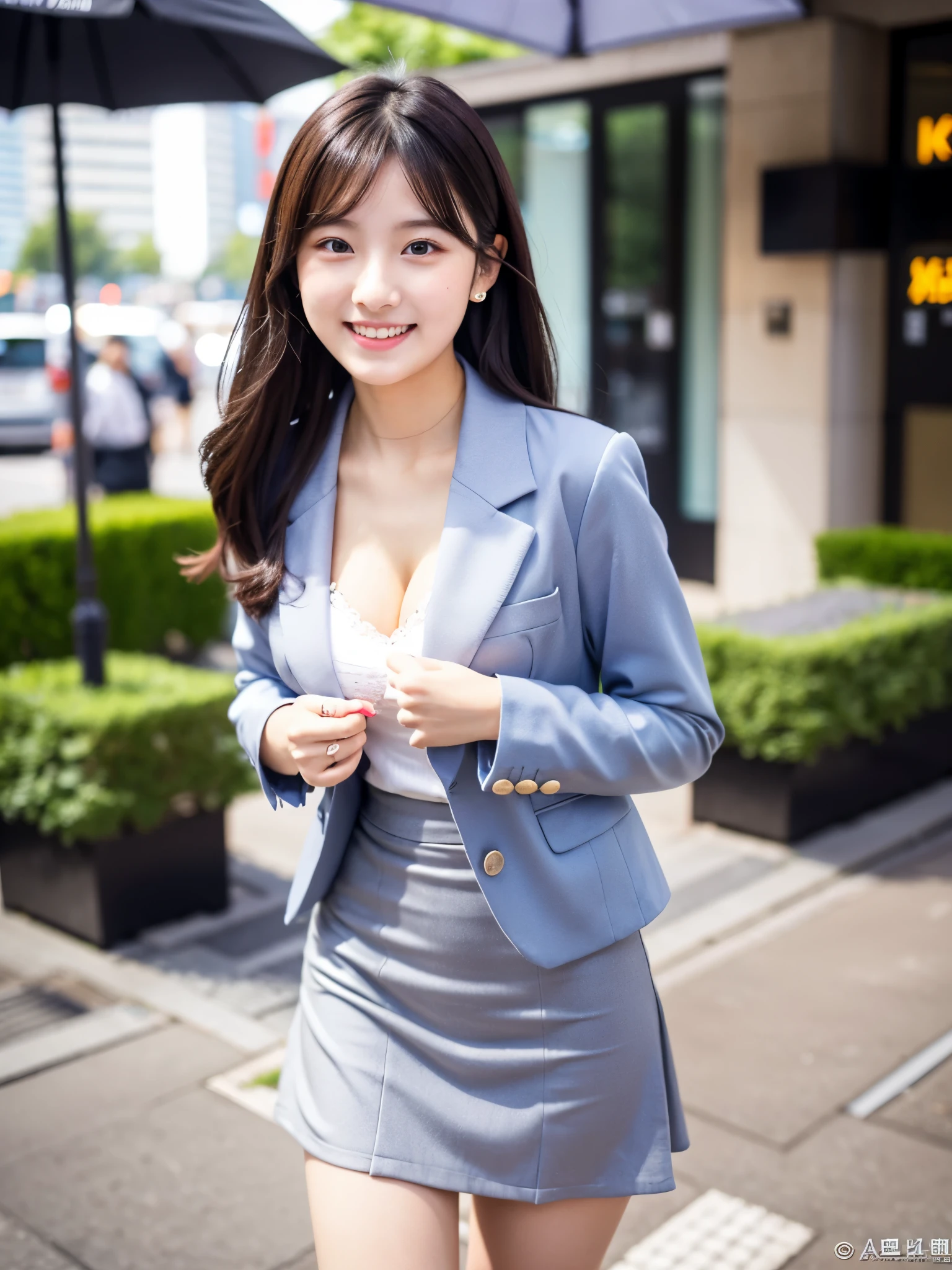 Woman in a suit standing on the sidewalk,((20-year-old woman))、small Breasts、Dark brown hair color、Hairstyle with bangs、Various hairstyles、Hairstyles of different lengths、(8k, RAW Photos, highest quality, Tabletop: 1.2),、(Realistic, Realistic: 1.3), Cityscape, Day, Sunny Morning, Professional Lighting, Photon Mapping, shirt, (Woman in a suit,) Silk Suit、Tight mini Skirt、((Delicate photo))，(Detailed RAW Photos of Girls), (Tabletop:1.25), (highest quality:1.6), (超A high resolution:1.5), (Realistic:1.75), 8k resolution, Canon EOS R5, 50mm, absurdes, Ultra-detailed,Cinema Lighting, (Skirt Lift:1.5)、the wind is strong、smile、Skirt flipped up, ((openclotch_panties)), nsfw, beautiful pussy,