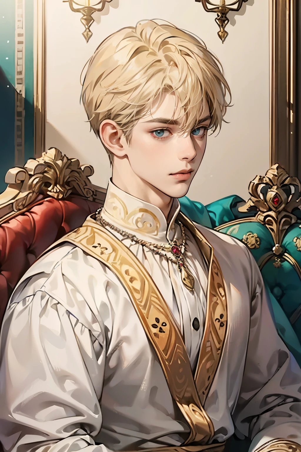 masterpiece, best quality, 1 boy, portrait, looking at viewer, Blonde short hair, medieval prince, wearing white noble clothing, in the palace, Fine details, jewellery, 