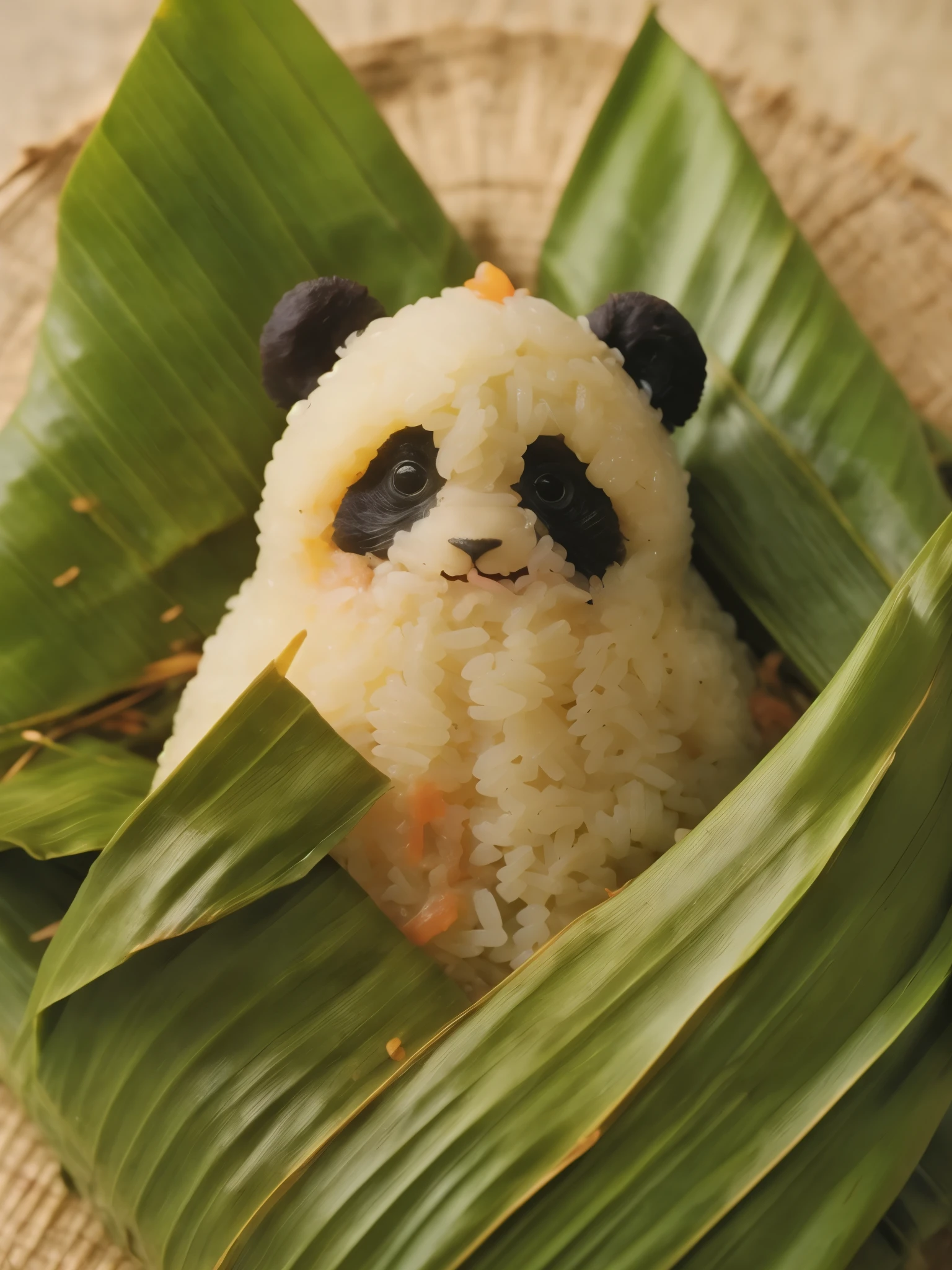 A panda-shaped zongzi, made of glutinous rice, has a cute expression, the lower half of the body is wrapped in tapered leaves, the head sticking out of the leaves, equidistant, cartoon-style, Macro Lens, studio light, nature, soft lighting, film grain, cowboy shot, epiCPhoto,clean background, natural light