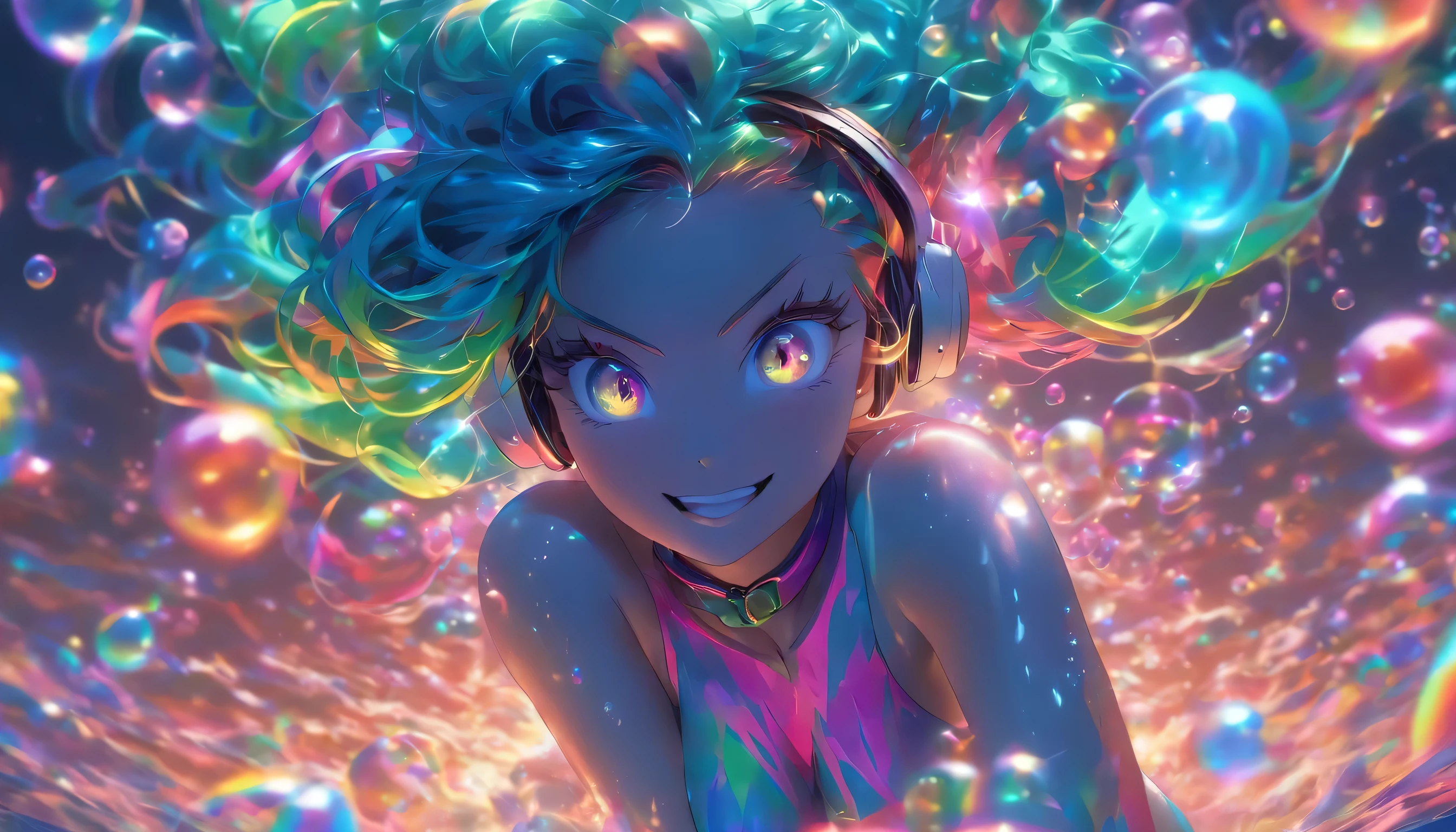 Transparent color PVC clothing, Transparent Vinyl Bikini, Prismatic, Holographic, chromatic aberration, Fashion Illustration, masterpiece, DJ Girl, Wink, 8k, Super detailed, Pixiv、(((Digital anime art)))、((Colorful Hair))、((Wearing futuristic headphones))、((I'm sticking out my belly button))、((Swaying bust))、(((Rainbow Hair)))、((Too big boobs))、((Jumping))、(((In the water ocean)))、((Narrow waist))、(((Long legs)))、String swimsuit、((blue eyes))、(((Many glowing bubbles)))