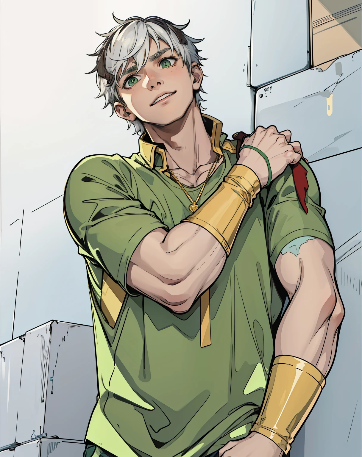 He is worried, a little scared, 17 year old young man, white hair, green eyes, golden jewelry, old green t-shirt.