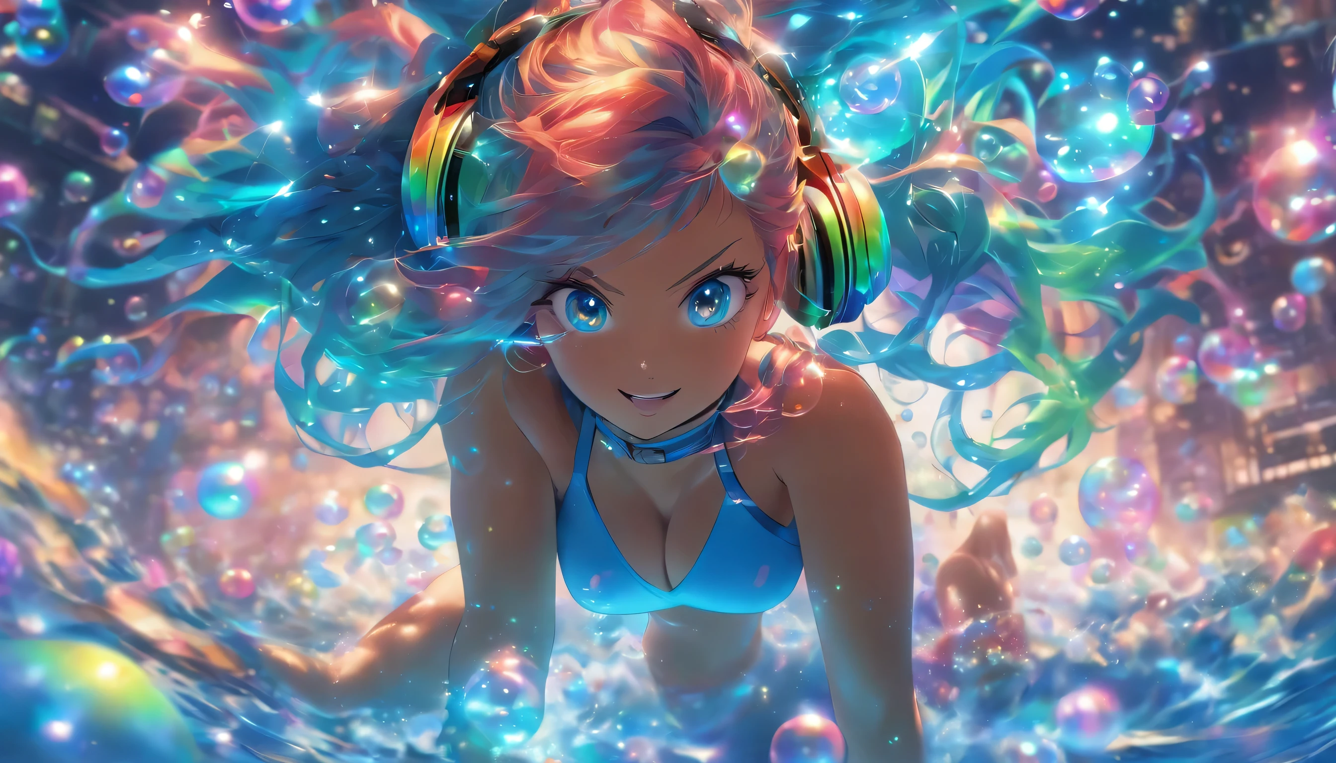 Transparent color PVC clothing, Transparent Vinyl Bikini, Prismatic, Holographic, chromatic aberration, Fashion Illustration, masterpiece, DJ Girl, Wink, 8k, Super detailed, Pixiv、(((Digital anime art)))、((Colorful Hair))、((Wearing futuristic headphones))、((I'm sticking out my belly button))、((Swaying bust))、(((Rainbow Hair)))、((Too big boobs))、((Jumping))、(((In the water ocean)))、((Narrow waist))、(((Long legs)))、String swimsuit、((blue eyes))、(((Many glowing bubbles)))