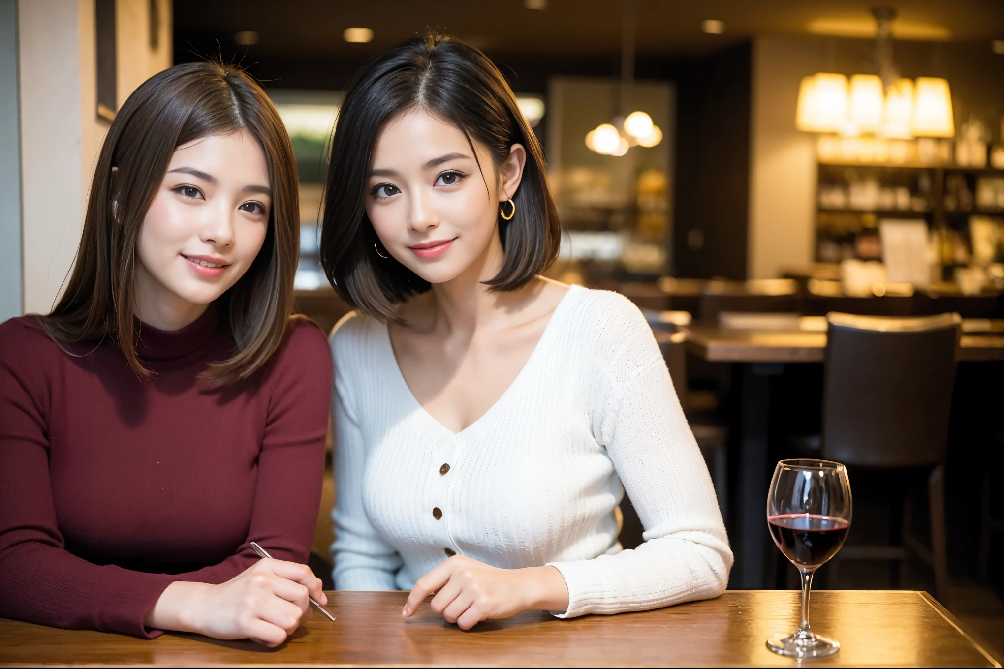 ((highest quality、8k、masterpiece:1.3))、1 male、1 woman who resembles Satomi Ishihara、Couple、Spouse、Couple、The body is slim、((Bob Hale、Straight hair:1.2)), (Realistic, Intricate details:1.2), テーブルの上のwine glass、Shine light on your face、 Amazing view of the sunset sky and clouds、Amazing mountain views、A bright smile、The wonderfulness of smile、Bright image、The beauty of wine, Beautiful Face, blue eyes, The light shines on your face, Blushing, short hair,Bright Face、 (42 years old), 39 years old, red wine 、Appetizers、Italian food、Wine bottle、Champagne、sparkling wine、Two beauties、Brown Hair、Shortcuts、Long sleeve shirt、dress、Pretty Woman 1, (slimな顔), (The body is slim), (Brown Hair), (Shortcuts), cheeks turn a little red,Attractive beauty、restaurant, In a prominent place (From the waist up) Nova Frog Style, actress, model, Upper Body, White wine, slim, wine glass, 中央に置かれたwine glass, smile, (smile: 1.15), Beautiful fine grain, Depth f/2,saturation, High Contrast, Strong light and shadow,Moist Body:1.5、3D texture、Delicate eyes、Brown Hair、The hair is very shiny、