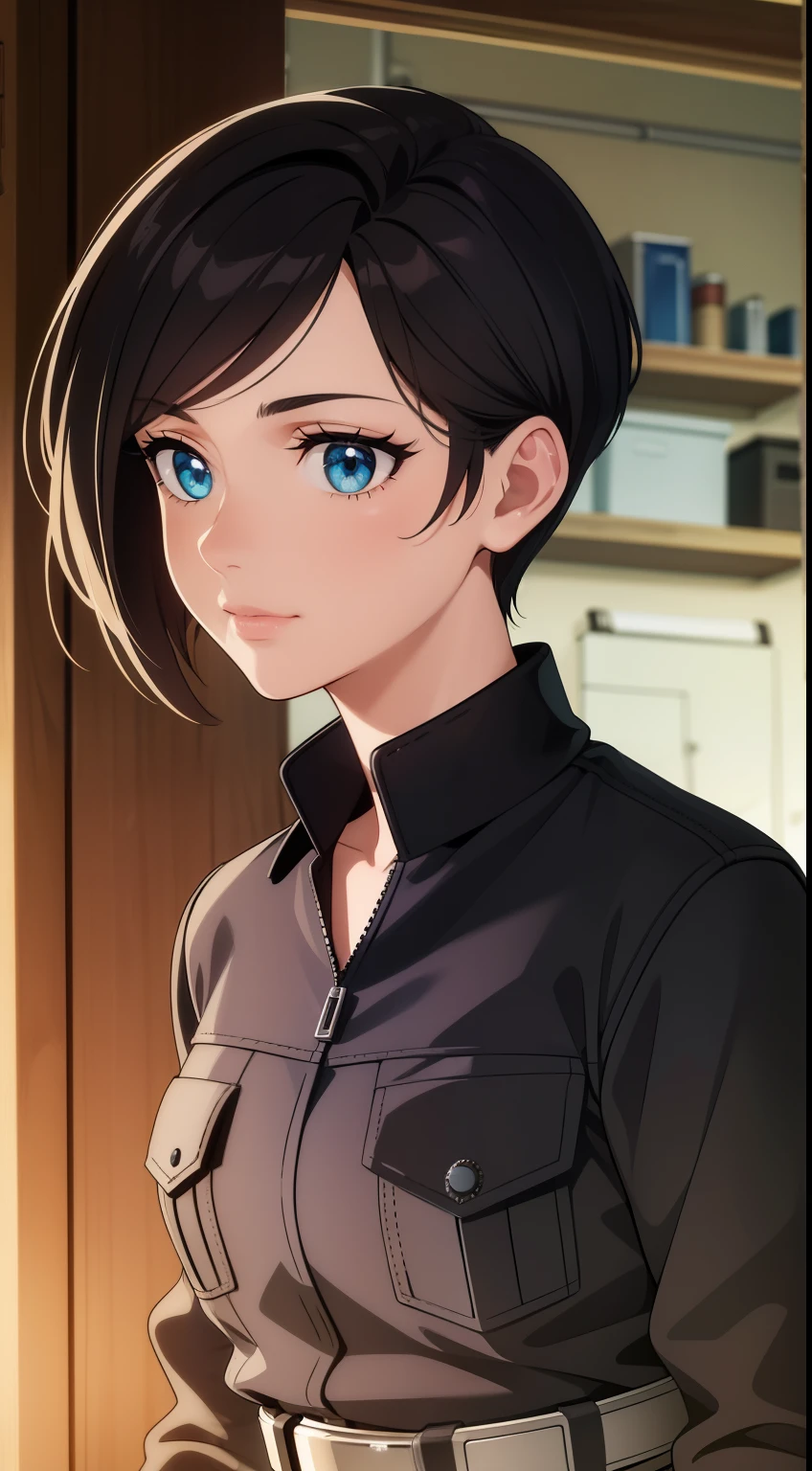 (high-quality, breathtaking),(expressive eyes, perfect face) Symmetrical Eyes, portrait, Star Wars Universe, 1girl, female, adult, mechanic, punk jacket, shirt, short sleeved, gloves, pants, belt, wrench, crystals, messy hair, black hair color, brown eye color, short hair length, stylized hairstyle, pixie haircut, tall, technician outfit, engineer, sci fi workshop background, work bench, tools, mature, narrow eyes, dog tag necklaces, soft smile, soft eyelashes, age 28
