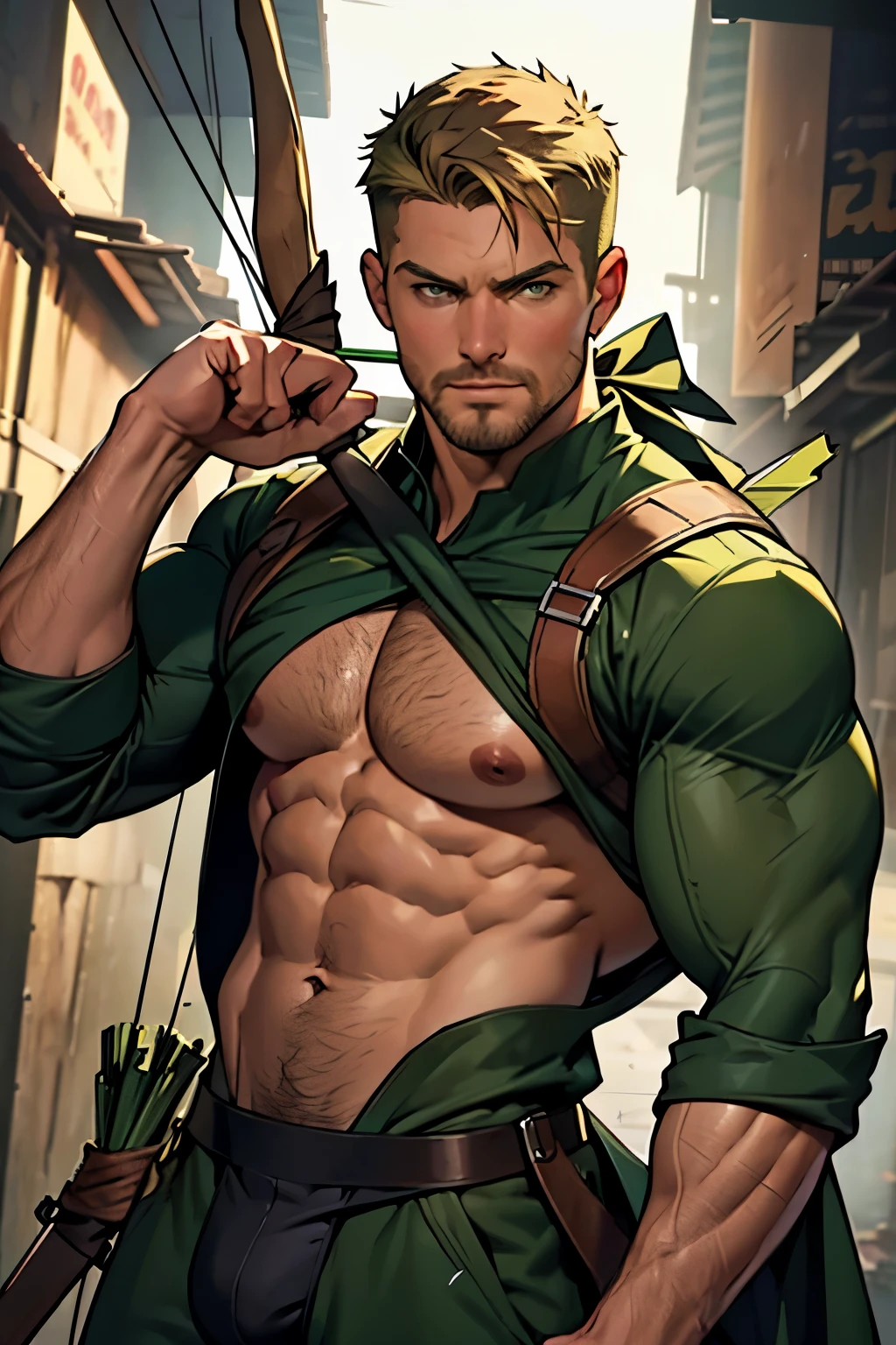 8k, high quality , detailed face , detailed fingers ,detailed muscles  stephen amell as green arrow , wearing dark green outfit   , showing a dark blond short hair , a thick facial hair , hard nipples, a bulge ,hunk and handsome, aiming with his bow and arrow toward the ennemy