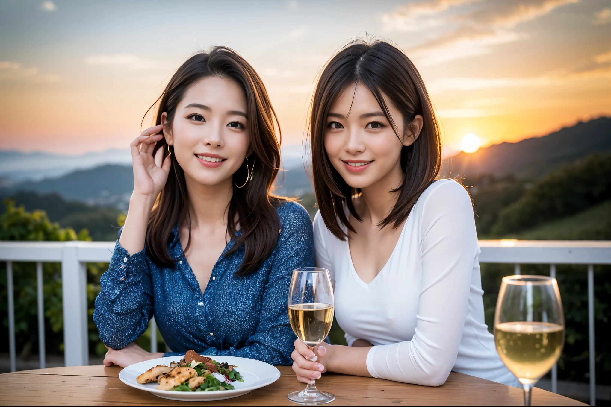((highest quality、8k、masterpiece:1.3))、1 male、1 woman who resembles Satomi Ishihara、Couple、Spouse、Couple、The body is slim、((Bob Hale、Straight hair:1.2)), (Realistic, Intricate details:1.2), テーブルの上のwine glass、Shine light on your face、 Amazing view of the sunset sky and clouds、Amazing mountain views、A bright smile、The wonderfulness of smile、Bright image、The beauty of wine, Beautiful Face, blue eyes, The light shines on your face, Blushing, short hair,Bright Face、 (42 years old), 39 years old, red wine 、Appetizers、Italian food、Wine bottle、Champagne、sparkling wine、Two beauties、Brown Hair、Shortcuts、Long sleeve shirt、dress、Pretty Woman 1, (slimな顔), (The body is slim), (Brown Hair), (Shortcuts), cheeks turn a little red,Attractive beauty、restaurant, In a prominent place (From the waist up) Nova Frog Style, actress, model, Upper Body, White wine, slim, wine glass, 中央に置かれたwine glass, smile, (smile: 1.15), Beautiful fine grain, Depth f/2,saturation, High Contrast, Strong light and shadow,Moist Body:1.5、3D texture、Delicate eyes、Brown Hair、The hair is very shiny、