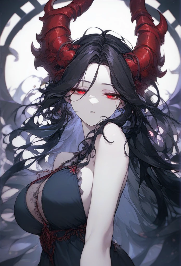 masterpiece, Score_9, Score_8_up, Score_7_up, rear view, 1 woman, alone, black hair with red , long hair, split bangs, dark red eyes, half-closed eyes, parted lips, expressionless, pale skin, large breasts, upper body, nightgown black with a V-neckline, black background, the best quality, horns up, long parted bangs.