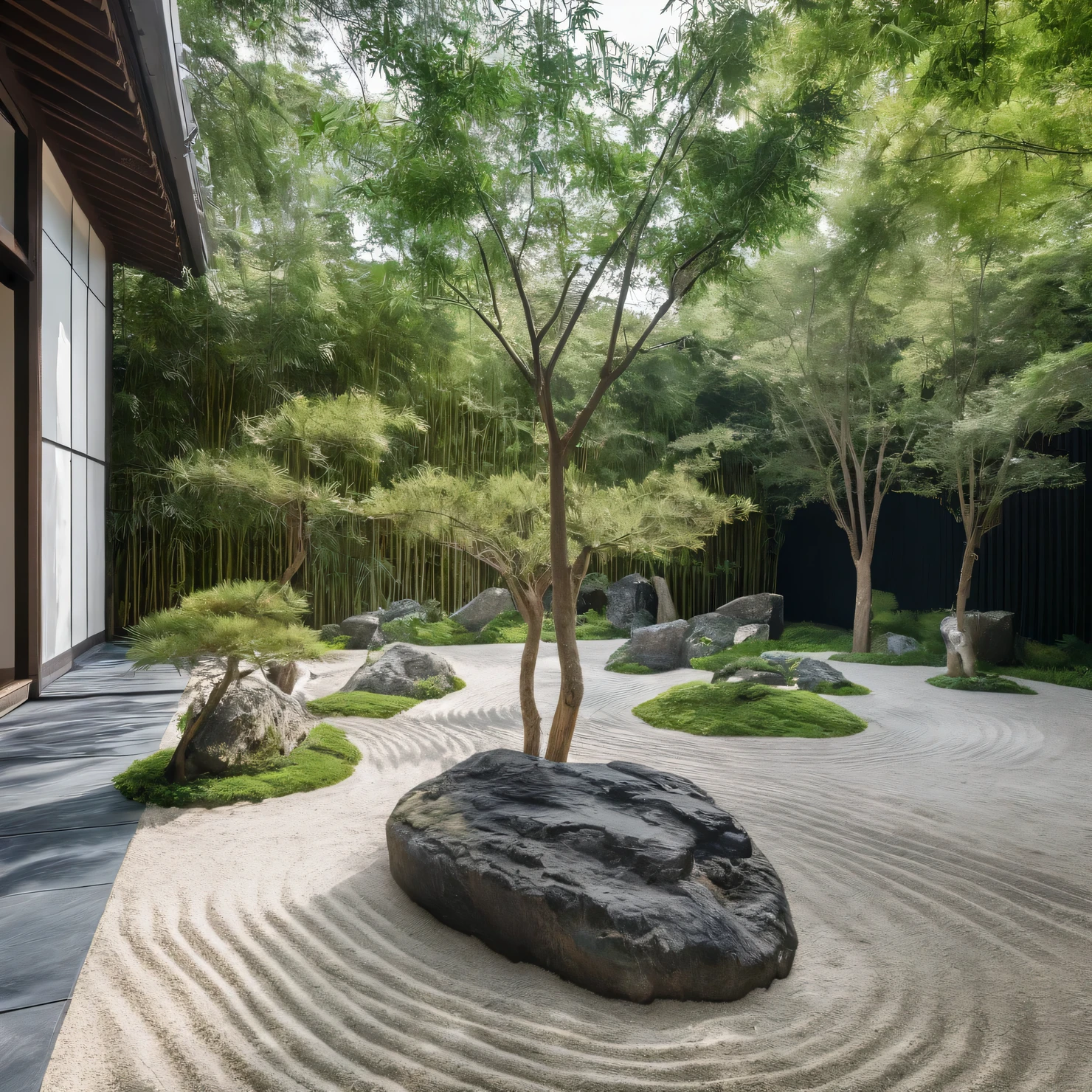 zengarden,aiaigroup, outdoors, garden,tree, , rock, stone, flower, daylight, japan style,bamboo,White sand