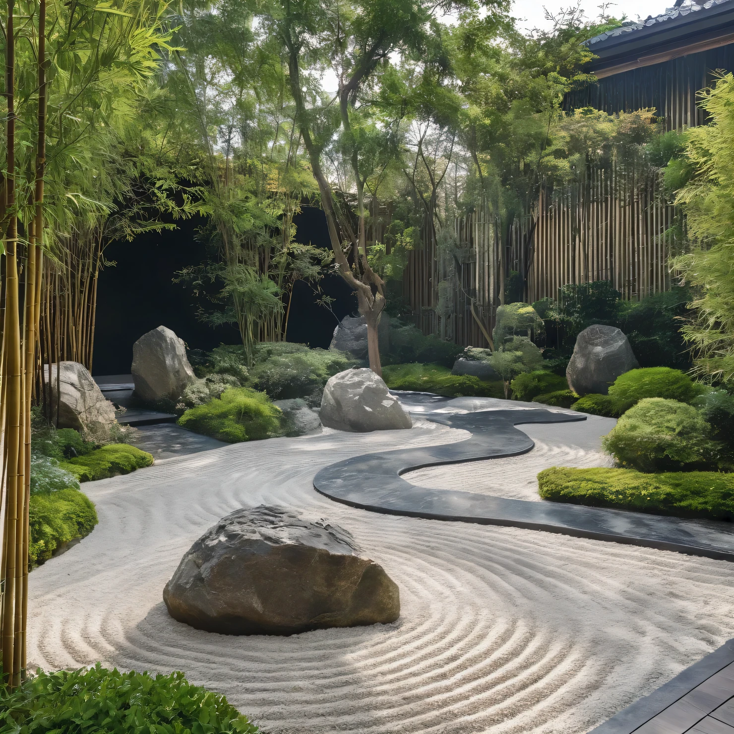 zengarden,aiaigroup, outdoors, garden,tree, , rock, stone, flower, daylight, japan style,bamboo,White sand