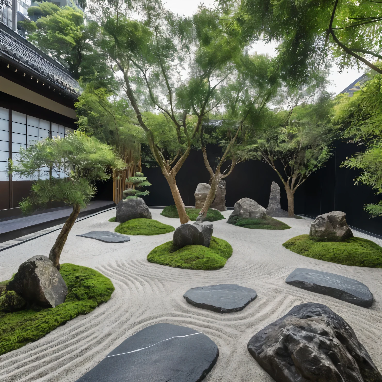 zengarden,aiaigroup, outdoors, garden,tree, , rock, stone, flower, daylight, japan style,bamboo,White sand