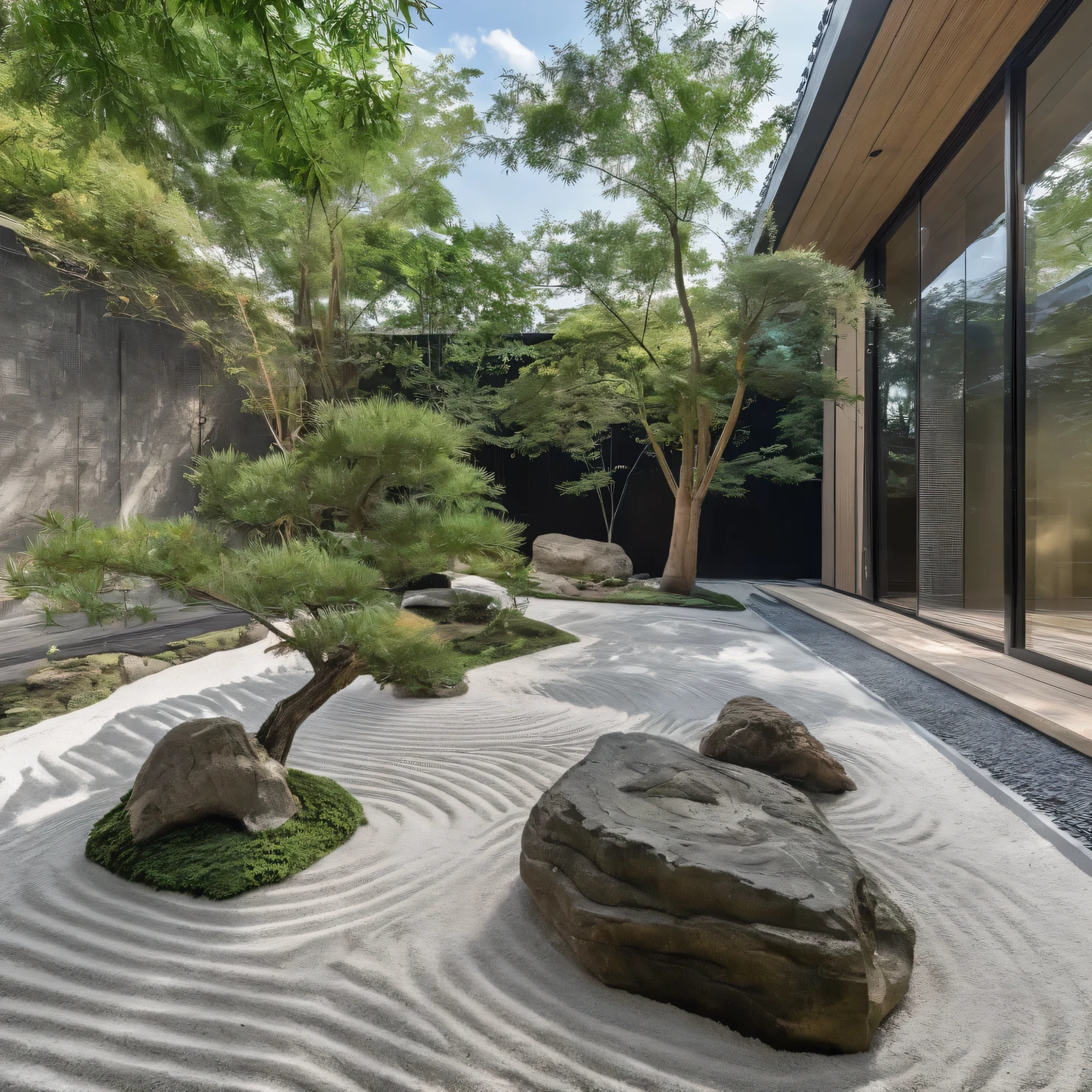 zengarden,aiaigroup, outdoors, garden,tree, , rock, stone, flower, daylight, japan style,bamboo,White sand