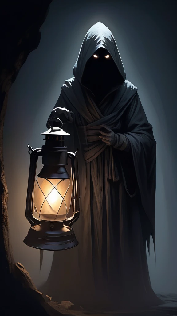 A mysterious figure cloaked in shadows, illuminated only by the soft glow of a lantern.