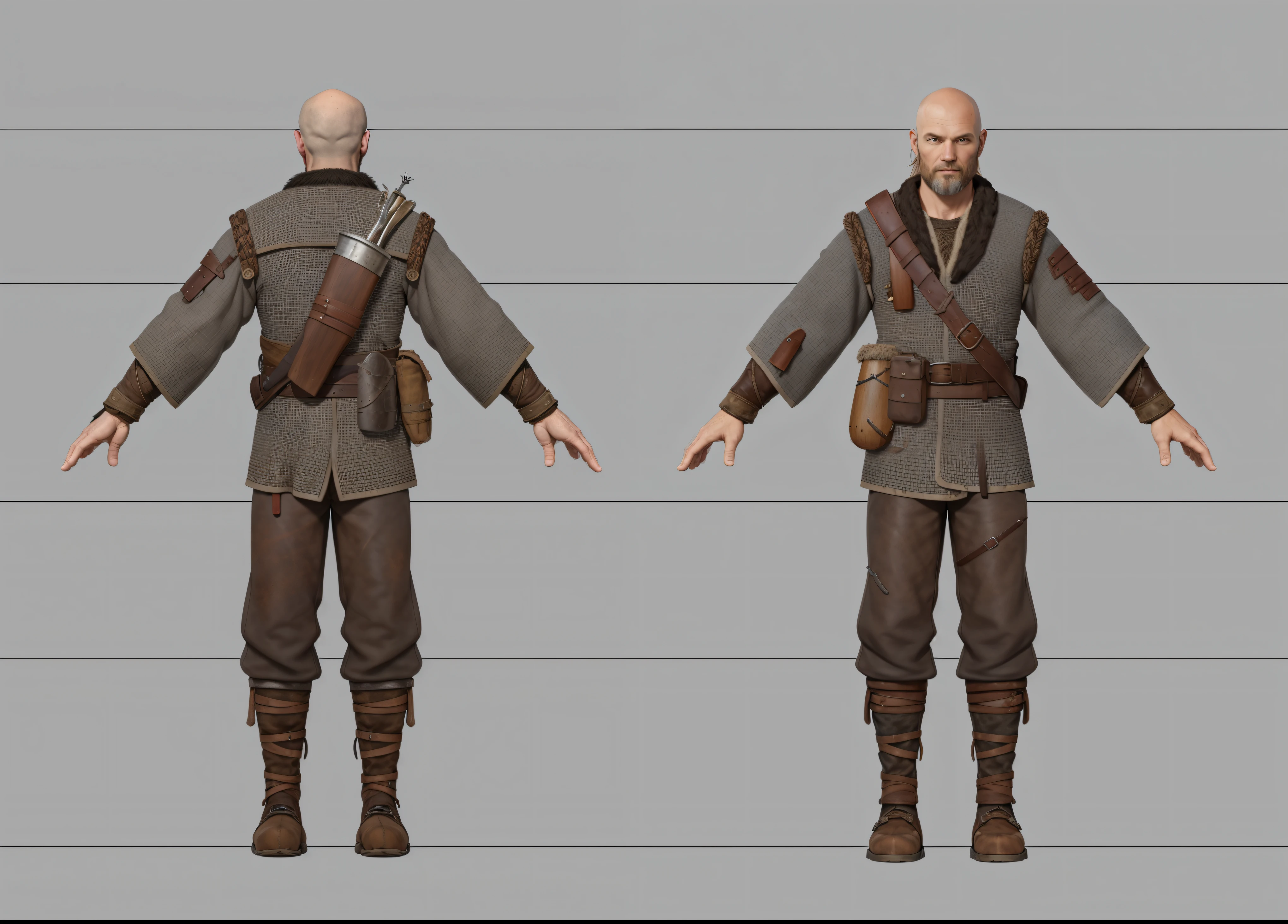 ( Realistic:1.33),(masterpiece:1.1),(highest quality:1.1),(HDR:1) a close up of a hunter villager with quiver on back, medieval villager , tattered wool cloth, full body concept, detailed full body concept, Viking ranger style, Viking protective, Portrait of a Viking, Viking warrior, Viking culture, Nordic warrior, Viking costume, Ancient Viking warrior, wearing Viking clothing, male Viking, with Machado, Nordic inspiration, full body character concept,costume concept design, full body details, detailed full body concept art, full character body, character model sheet turnaround, fullbody shot turnaround, concept character sheet, full body concept art, reference model sheet , full body concept art, RPG style character, game character design, 3d character reference sheet, video game character concept, detailed character design, character sheet, [ character model sheet turnaround ], front and back, ((front and back)), grey clean background, 3D character, leather belt, leather boots with rob, ((gambeson cloth with seam on sleeve)), dim blue gambeson, leather belt on chest, ((gambeson cloth)), (((Quiver on back))),(((whiskey leather flask on belt))),((pouch on belt)), tattered trouser