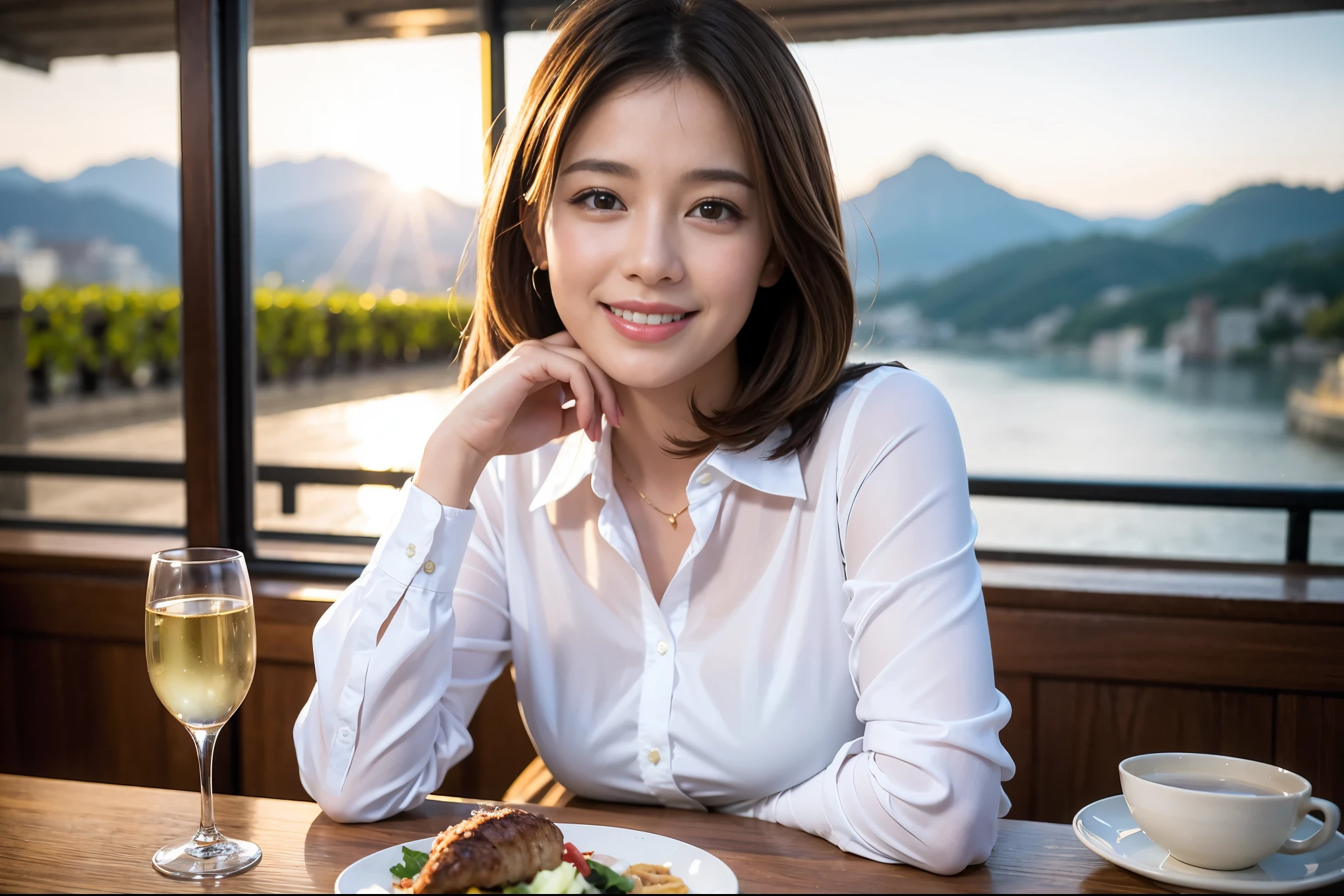 ((highest quality、8k、masterpiece:1.3))、1 male、1 woman who resembles Satomi Ishihara、Couple、Spouse、Couple、The body is slim、((Bob Hale、Straight hair:1.2)), (Realistic, Intricate details:1.2), テーブルの上のwine glass、Shine light on your face、 Amazing view of the sunset sky and clouds、Amazing mountain views、A bright smile、The wonderfulness of smile、Bright image、The beauty of wine, Beautiful Face, blue eyes, The light shines on your face, Blushing, short hair,Bright Face、 (42 years old), 39 years old, red wine 、Appetizers、Italian food、Wine bottle、Champagne、sparkling wine、Two beauties、Brown Hair、Shortcuts、Long sleeve shirt、dress、Pretty Woman 1, (slimな顔), (The body is slim), (Brown Hair), (Shortcuts), cheeks turn a little red,Attractive beauty、restaurant, In a prominent place (From the waist up) Nova Frog Style, actress, model, Upper Body, White wine, slim, wine glass, 中央に置かれたwine glass, smile, (smile: 1.15), Beautiful fine grain, Depth f/2,saturation, High Contrast, Strong light and shadow,Moist Body:1.5、3D texture、Delicate eyes、Brown Hair、The hair is very shiny、