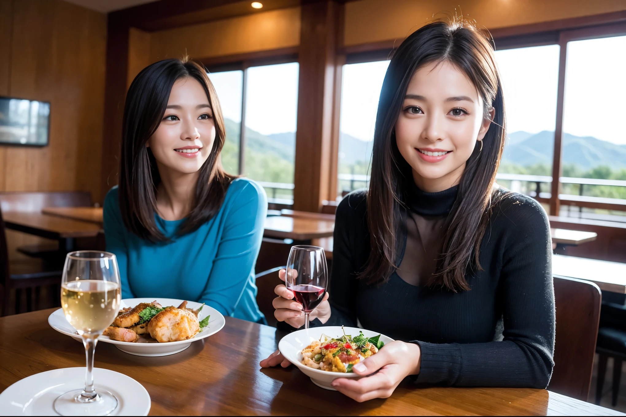 ((highest quality、8k、masterpiece:1.3))、1 male、1 woman who resembles Satomi Ishihara、Couple、Spouse、Couple、The body is slim、((Bob Hale、Straight hair:1.2)), (Realistic, Intricate details:1.2), テーブルの上のwine glass、Shine light on your face、 Amazing view of the sunset sky and clouds、Amazing mountain views、A bright smile、The wonderfulness of smile、Bright image、The beauty of wine, Beautiful Face, blue eyes, The light shines on your face, Blushing, short hair,Bright Face、 (42 years old), 39 years old, red wine 、Appetizers、Italian food、Wine bottle、Champagne、sparkling wine、Two beauties、Brown Hair、Shortcuts、Long sleeve shirt、dress、Pretty Woman 1, (slimな顔), (The body is slim), (Brown Hair), (Shortcuts), cheeks turn a little red,Attractive beauty、restaurant, In a prominent place (From the waist up) Nova Frog Style, actress, model, Upper Body, White wine, slim, wine glass, 中央に置かれたwine glass, smile, (smile: 1.15), Beautiful fine grain, Depth f/2,saturation, High Contrast, Strong light and shadow,Moist Body:1.5、3D texture、Delicate eyes、Brown Hair、The hair is very shiny、