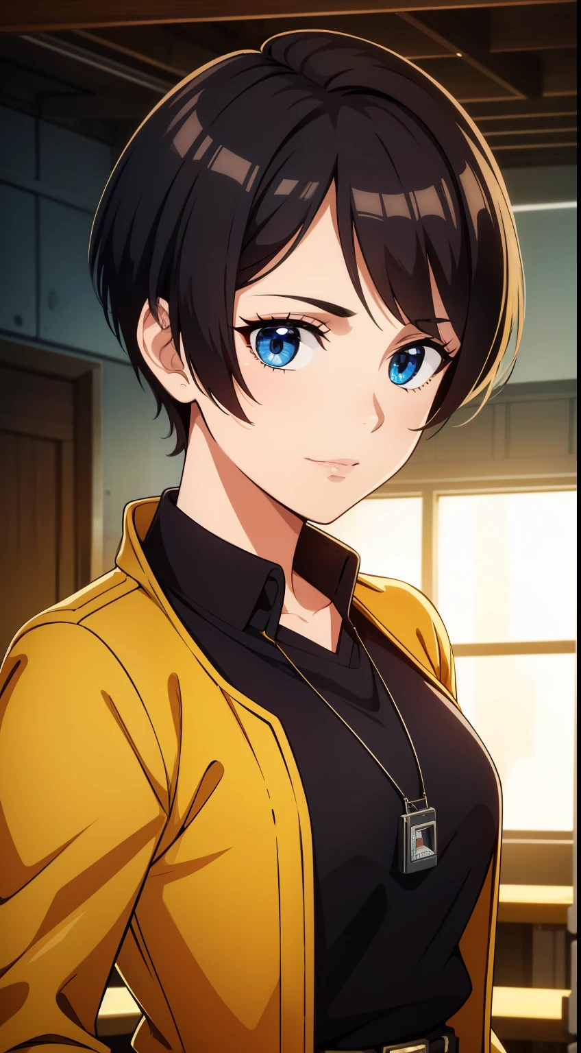 (high-quality, breathtaking),(expressive eyes, perfect face) Symmetrical Eyes, portrait, Star Wars Universe, 1girl, female, adult, mechanic, punk jacket, shirt, short sleeved, gloves, pants, belt, wrench, crystals, messy hair, black hair color, brown eye color, short hair length, stylized hairstyle, pixie haircut, tall, technician outfit, engineer, sci fi workshop background, work bench, tools, mature, narrow eyes, dog tag necklaces, soft smile, soft eyelashes, age 28
