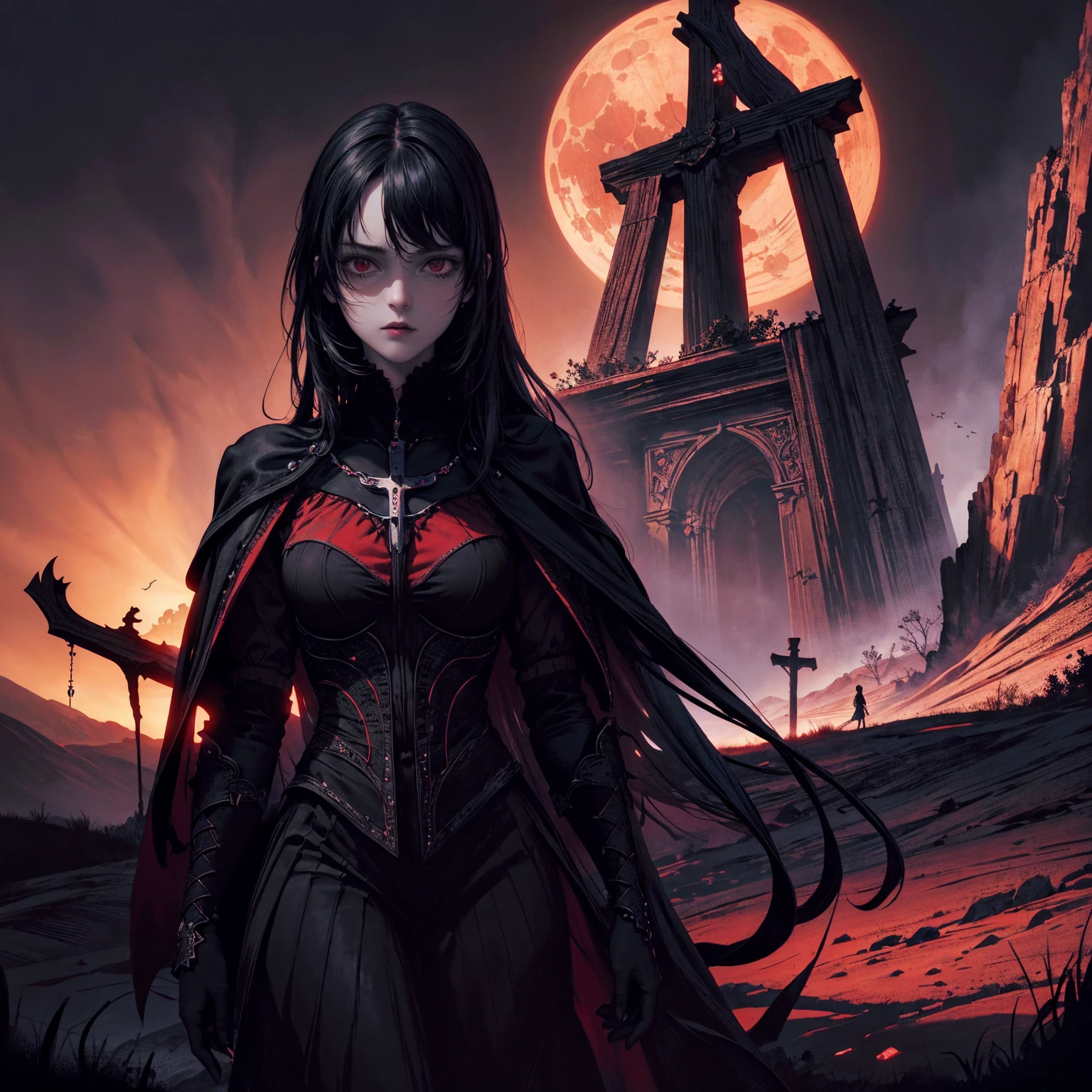 best quality, 4k, High resolution, masterpiece:1.2, Extremely detailed, Practical:1.37, Mood lighting, girl, Crucified, Pitch black sky, Red Moonlight, Weird atmosphere, Gothic style, Unforgettable beauty, Dramatic shadows, Ethereal Light, Mysterious atmosphere.