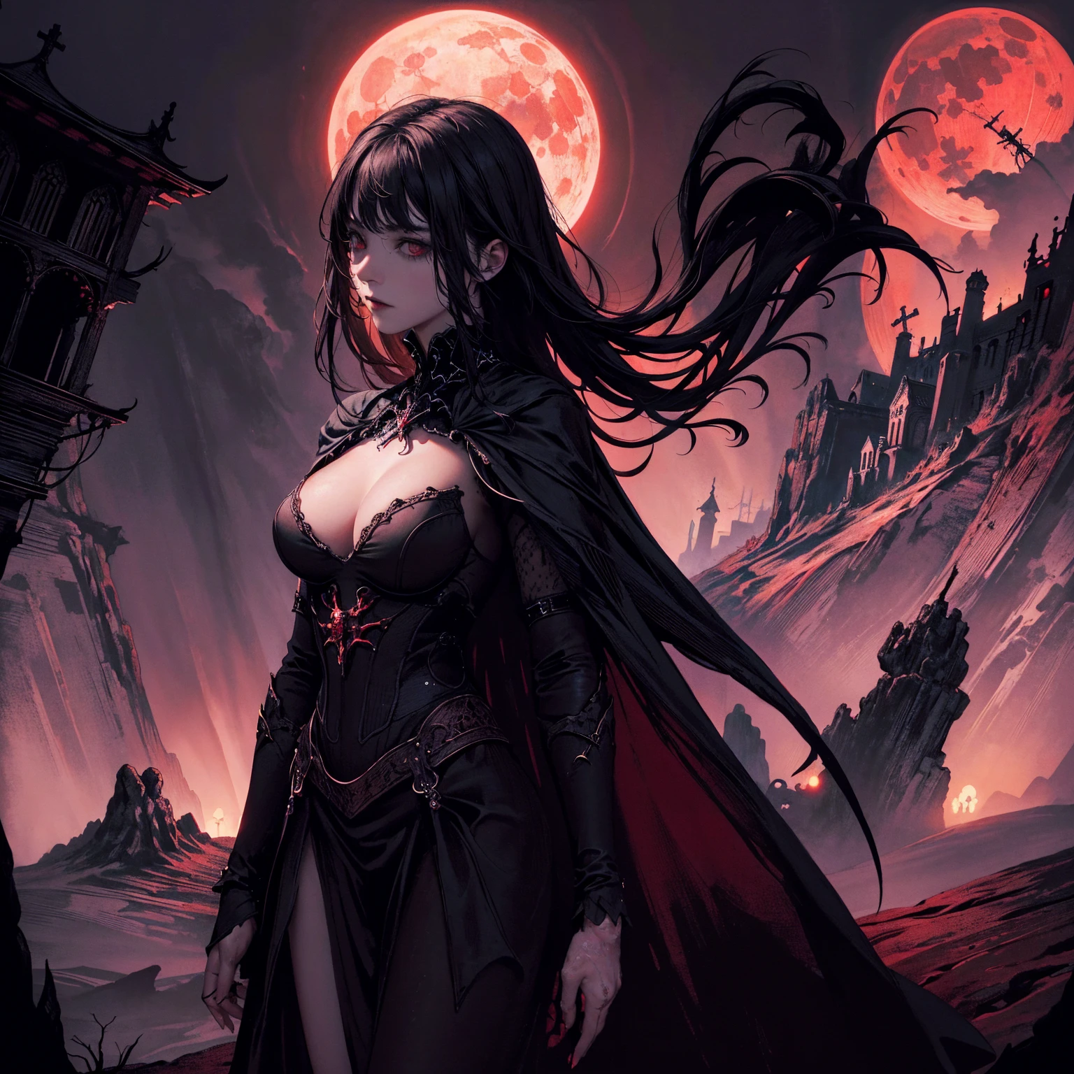 best quality, 4k, High resolution, masterpiece:1.2, Extremely detailed, Practical:1.37, Mood lighting, girl, Crucified, Pitch black sky, Red Moonlight, Weird atmosphere, Gothic style, Unforgettable beauty, Dramatic shadows, Ethereal Light, Mysterious atmosphere.