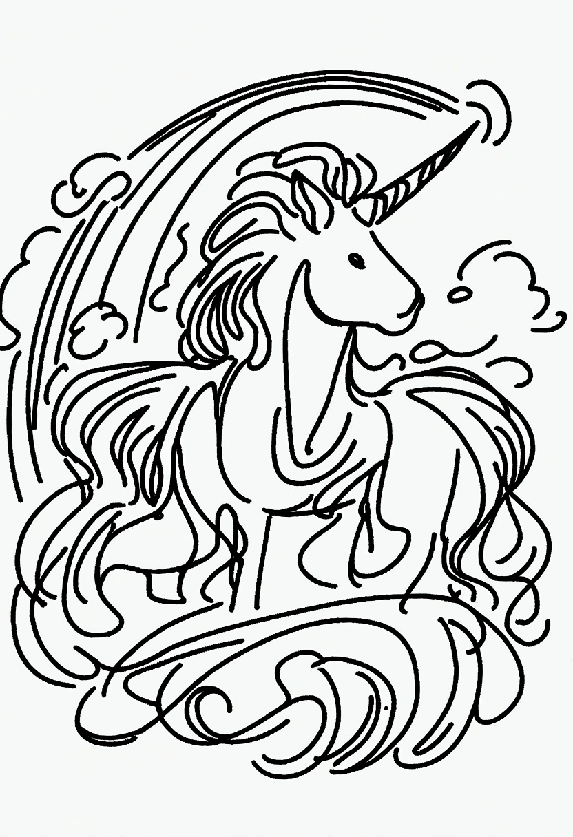 different unicorns surrounded by clouds and rainbows, coloring page for kids, line art, no color, white background