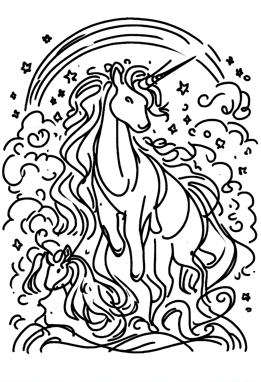 different unicorns surrounded by clouds and rainbows, coloring page for kids, line art, no color, white background