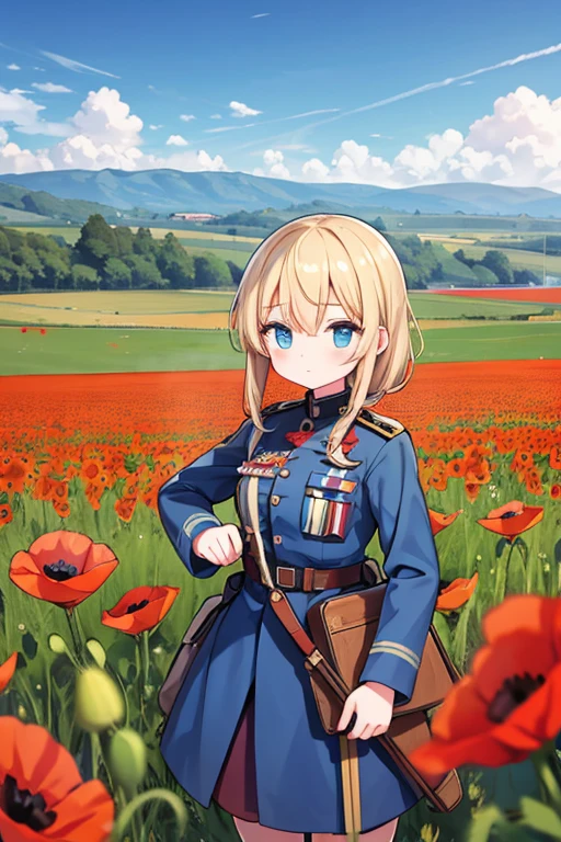 2girls, British soldier girl, German soldier girl, WW1, Western Front, fighting, Flanders Fields, poppies, flower field