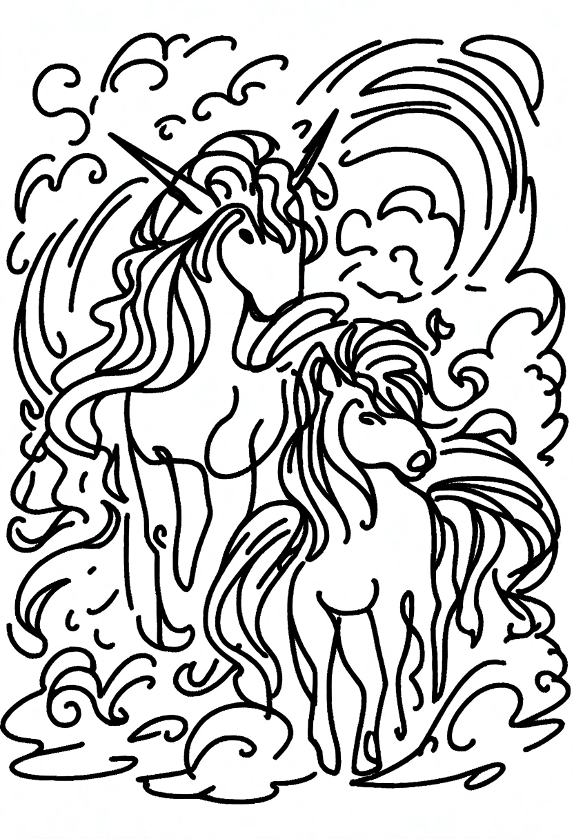 different unicorns surrounded by clouds and rainbows, coloring page for kids, line art, no color, white background
