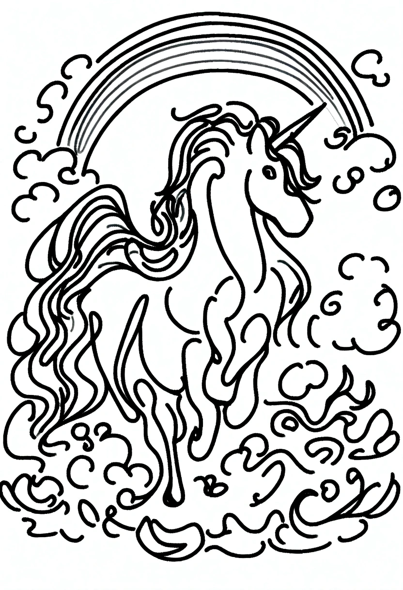 different unicorns surrounded by clouds and rainbows, coloring page for kids, line art, no color, white background

