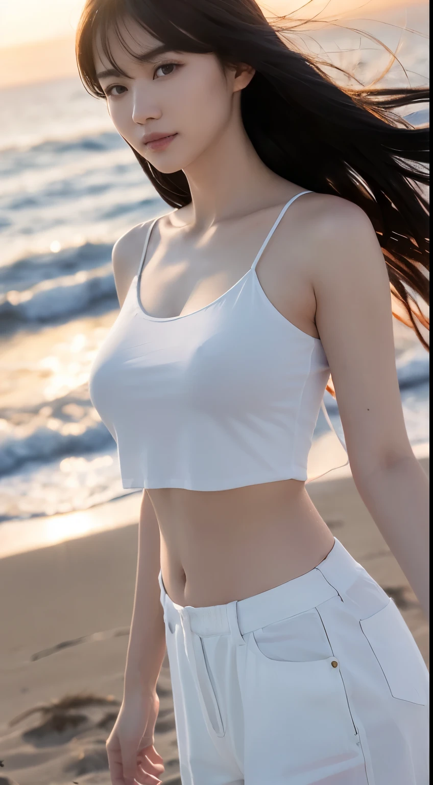 (logo、masterpiece、8k、Tabletop、RAW Photos、wonderful、最high quality、Photorealistic and Very detailed CG integrated 8k wallpaper、high quality、Very detailed、Narrative poem、Particle Effects、Dynamic Effects、Written boundary depth、Cinematic Light、Lens flare、Ray Tracing)、Fantasy、 (One beautiful woman、White pants、White T-shirt、White tube top、White crop top、Black-haired、Beautiful Face、True Face、Beautiful details、eye、Beautiful Skin、Ultimate Body、glamorous)、私の髪はWindに舞う、Hair flutters in Wind、Hair bounces、Seaside、wonderful景色、Coastal、sunrise、Sun in the background、Wind、Beach