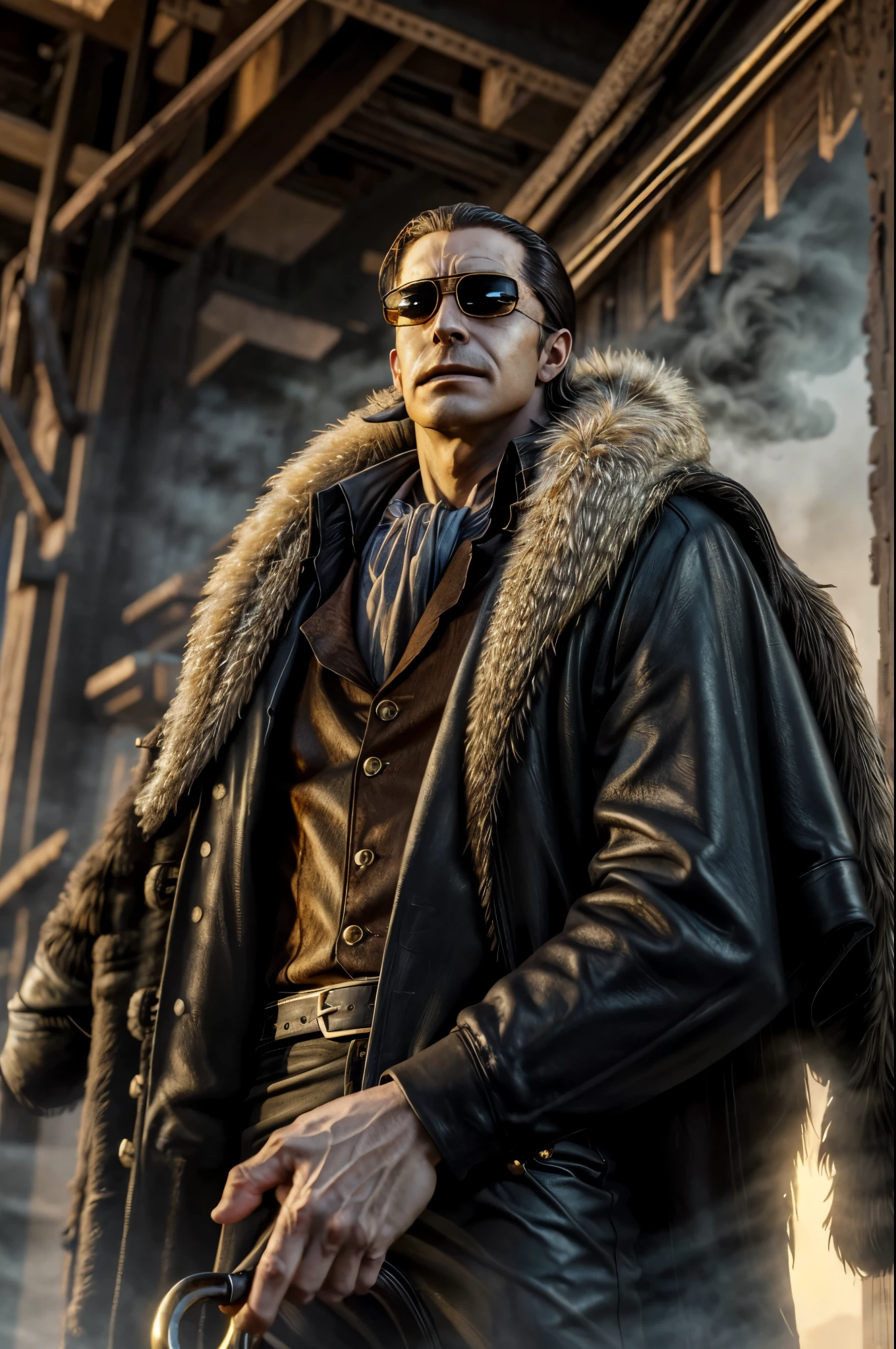 masterpiece, best quality, extremely detailed, hyperrealistic, photorealistic, a cool 40s man, ultra detailed face:1.2, fur-trimmed coat, scarf around the neck, his left hand is a golden pirate hook:1.1, in the night, nightmarish1.1, mystical fog, smoke, abandoned factory, piles of weapons, outraged, dynamic angle, cigar, sunglasses