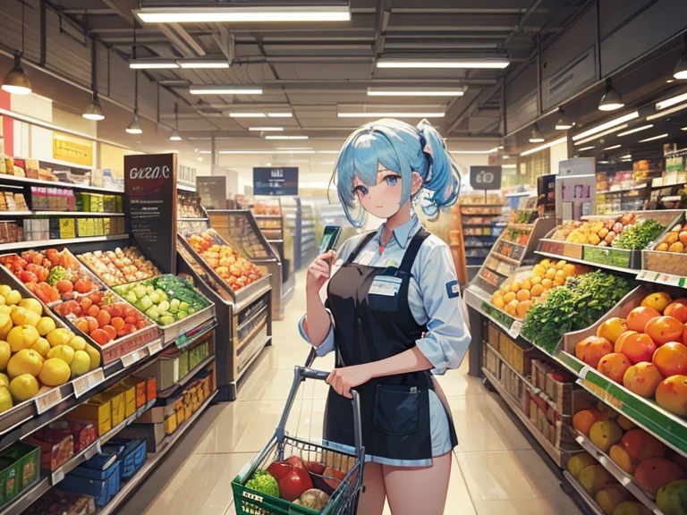 (best quality,4k,highres,ultra-detailed,realistic:1.2),middle aged woman,light blue hair,cashier at the supermarket,beautiful detailed eyes,beautiful detailed lips,wearing a supermarket uniform,friendly smile,standing behind the counter,organized and clean supermarket,shiny cash register,scanning items with precision,helpful and courteous to customers,efficient and quick service,colorful fruits and vegetables neatly stacked on shelves,various grocery products displayed,mild background music,soft lighting,comfortable and welcoming atmosphere,happy customers leaving with groceries,shopping bags in their hands,vivid colors,realistic textures,professional portrait style