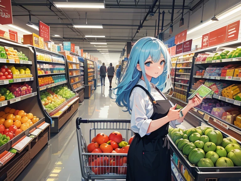 (best quality,4k,highres,ultra-detailed,realistic:1.2),middle aged woman,light blue hair,cashier at the supermarket,beautiful detailed eyes,beautiful detailed lips,wearing a supermarket uniform,friendly smile,standing behind the counter,organized and clean supermarket,shiny cash register,scanning items with precision,helpful and courteous to customers,efficient and quick service,colorful fruits and vegetables neatly stacked on shelves,various grocery products displayed,mild background music,soft lighting,comfortable and welcoming atmosphere,happy customers leaving with groceries,shopping bags in their hands,vivid colors,realistic textures,professional portrait style