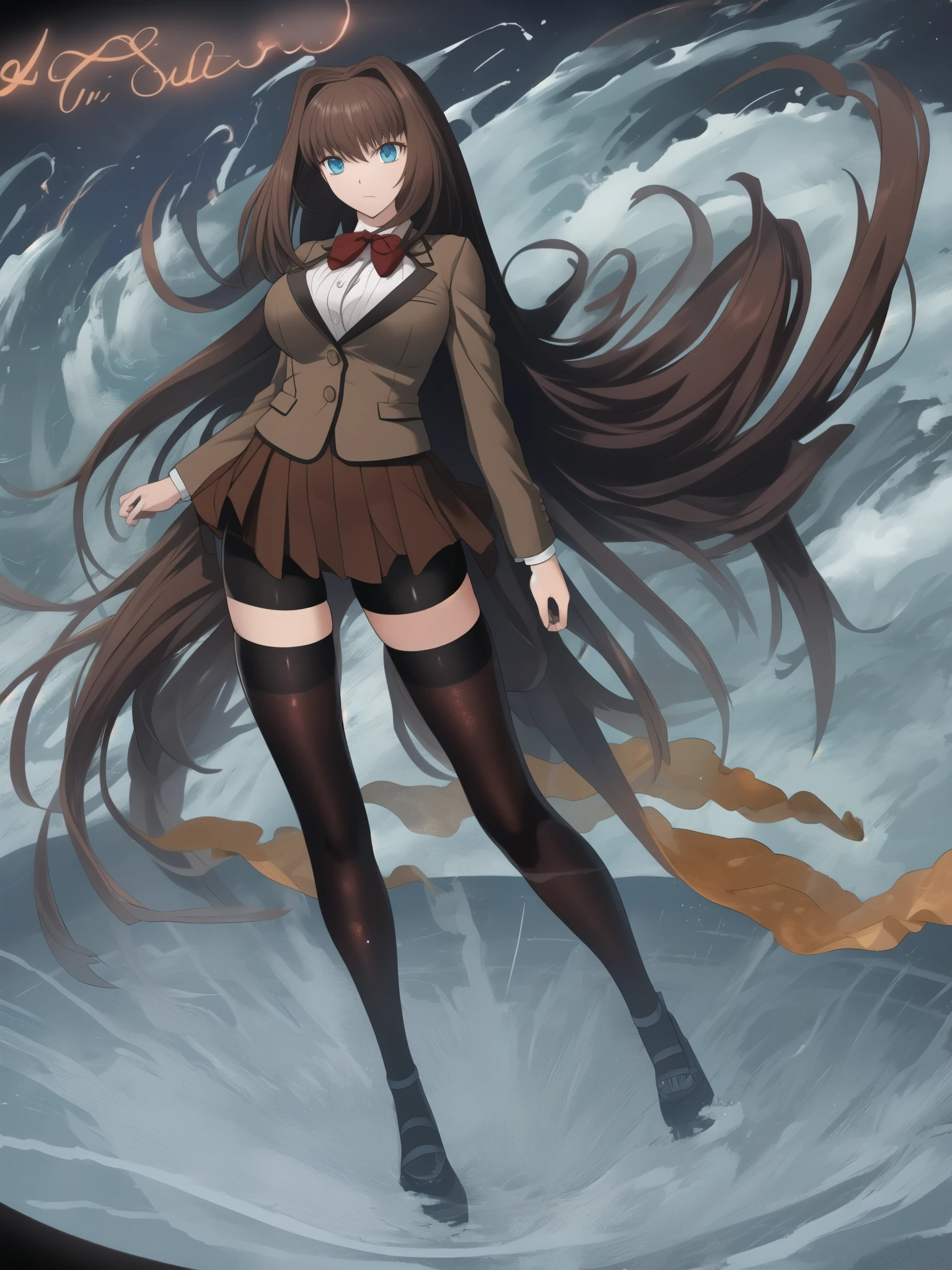 BREAK, centered. BREAK, (EMPTY BACKGROUND), BREAK, (masterpiece), best quality, high resolution, 8k, illustration, (beautiful detailed eyes:1.5), extremely detailed face, extremely detailed body, CG, perfect hands, perfect anatomy, ((1girl)), ((solo)), ((bbaoko)), ((2 legs max)), ((2 feet max:1.5)), ((swirling vortex shaped longest brown hair:1.5)), (brown longest hair with slightly reddish undertone:1.6), (lush luscious longest brown hair:1.6), (very long voluminous longest brown hair:1.5), serious, blue eyes, red bowtie, (Form-fitting beige blazer:1.5), brown jacket, (highly detailed beautiful face:1.2), (white shirt:1), (well shaped large breasts:1.6), (nice hips:1), ((Umber pleated thigh-high skirt:1.6)), (((black bike shorts:1.4))), (toned thighs:1.6), (black kneesocks:1.6), (strap shoes brown color), (facing front:1.5), ((standing straight:1.5)), ((Fullbody in frame:1.6)), ((Full body:1.5)), ((takeuchi takashi:1))