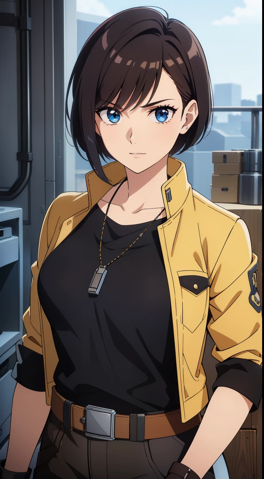 (high-quality, breathtaking),(expressive eyes, perfect face) Symmetrical Eyes, portrait, Star Wars Universe, 1girl, female, adult, mechanic, punk jacket, shirt, short sleeved, gloves, pants, belt, wrench, crystals, messy hair, black hair color, brown eye color, short hair length, stylized hairstyle, pixie haircut, tall, technician outfit, engineer, sci fi workshop background, work bench, tools, mature, narrow eyes, dog tag necklaces, soft smile, soft eyelashes, age 28
