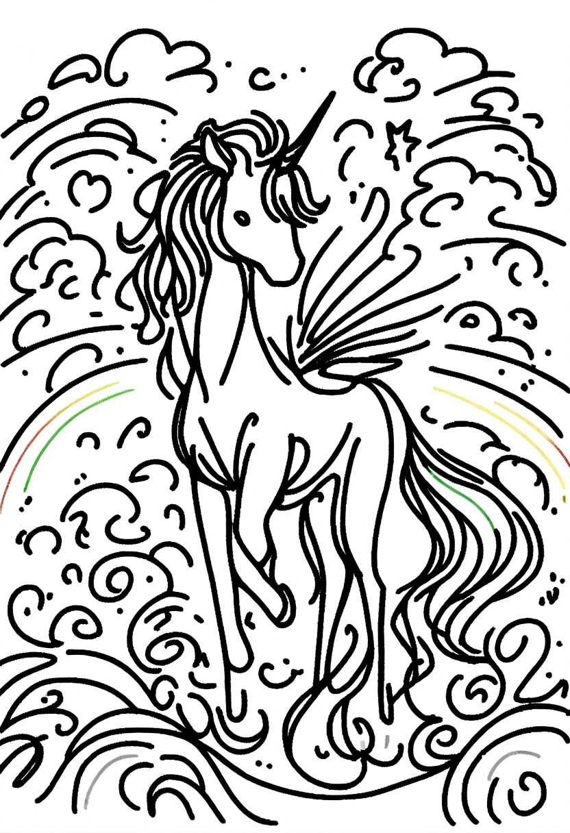 different unicorns surrounded by clouds and rainbows, coloring page for kids, line art, no color, white background
