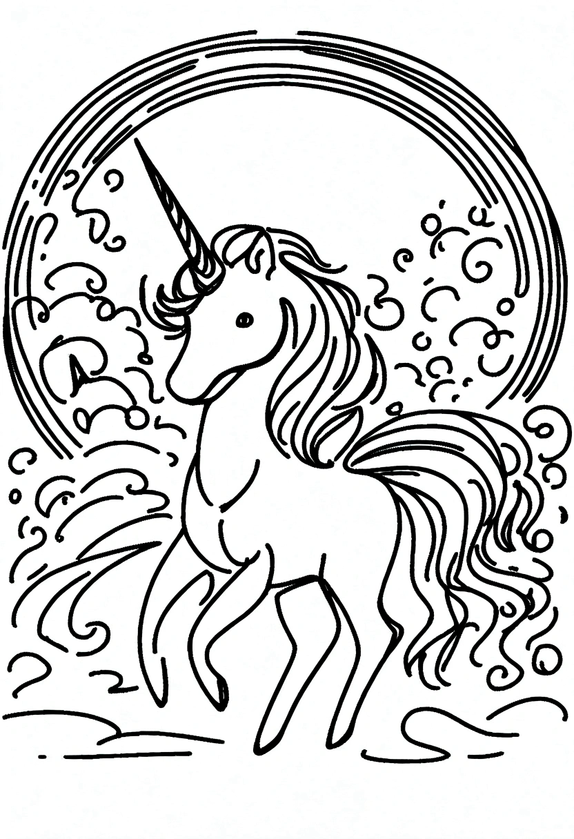 different unicorns surrounded by clouds and rainbows, coloring page for kids, line art, no color, white background