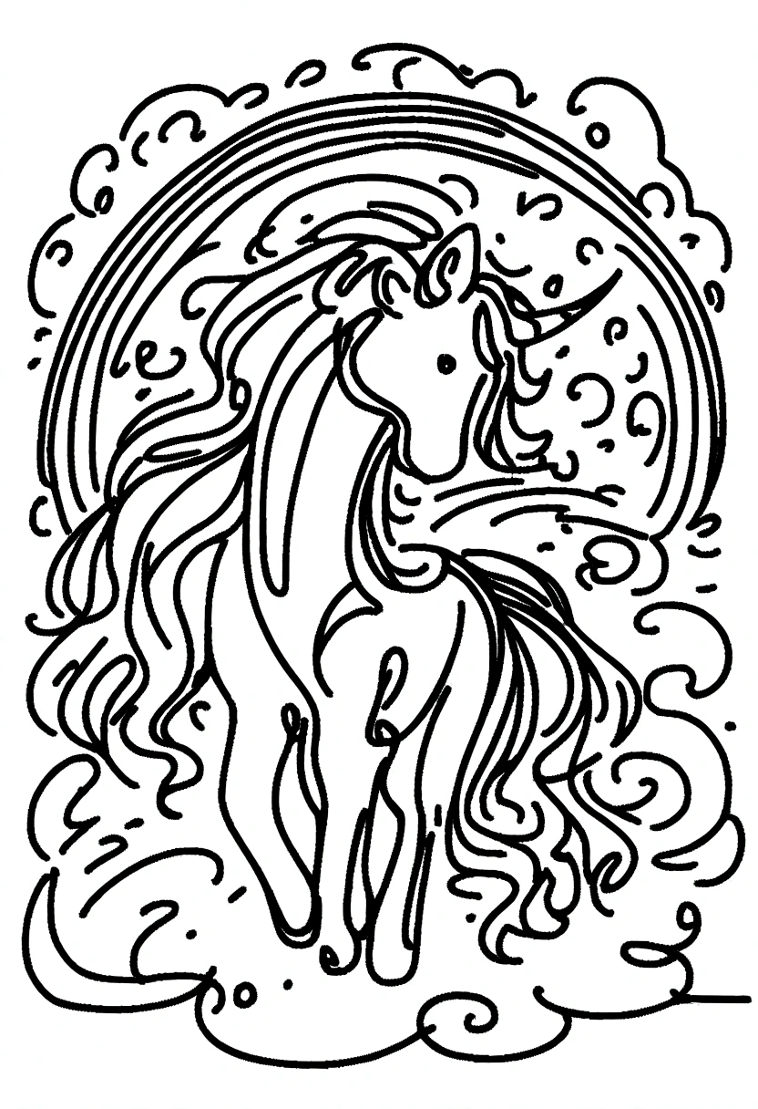 different unicorns surrounded by clouds and rainbows, coloring page for kids, line art, no color, white background