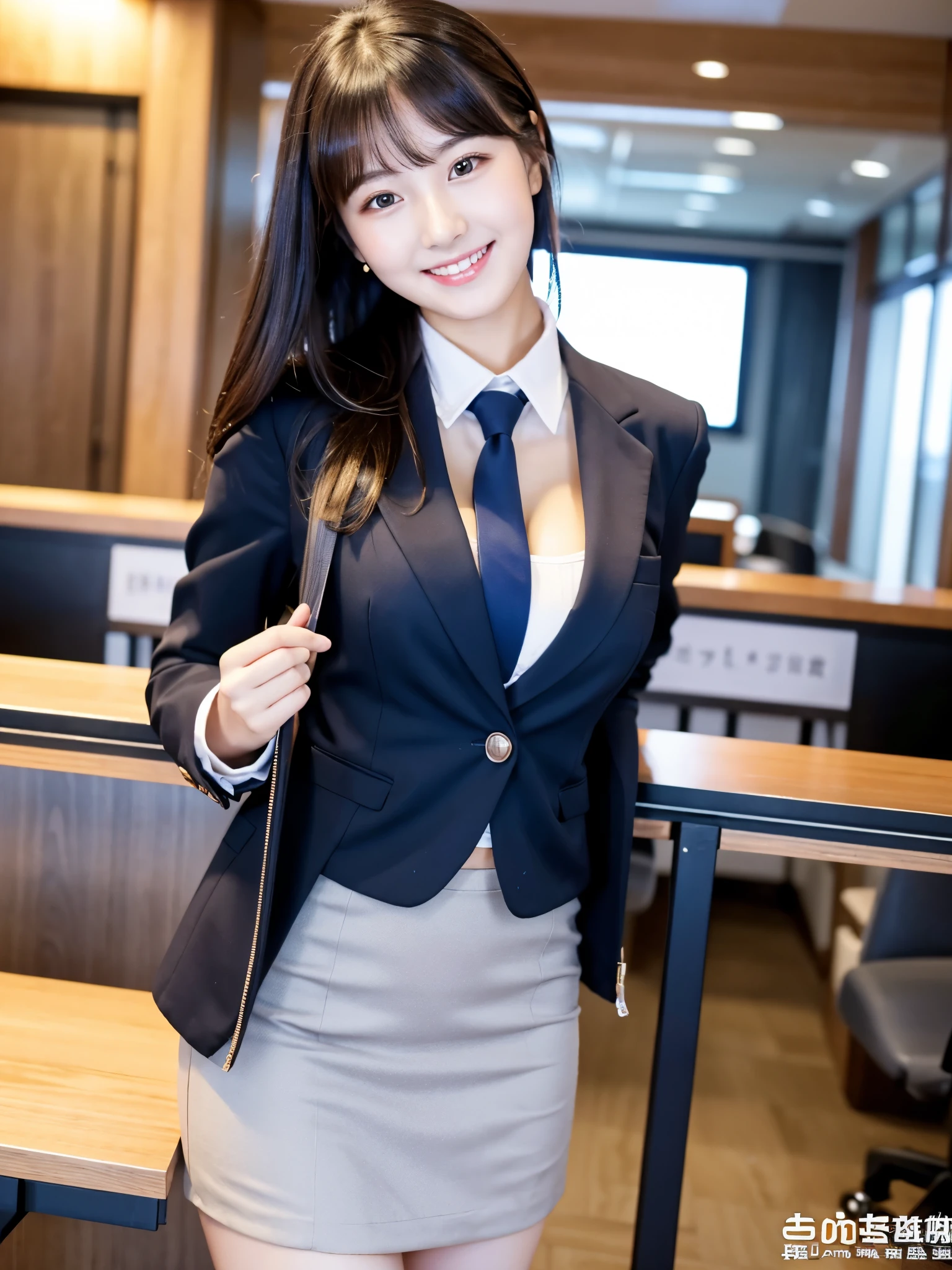 masterpiece、超High resolution、She is very cute and young like an idol..々A cute 18-year-old businesswoman、Gentle and cute、A kind smile、A business jacket that shows off cleavage、Medium Bust、Business Mini Skirt、Working in a building office　whole body、RAW Photos、Genuine、High resolution、live-action