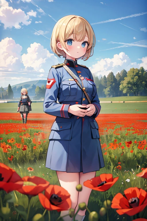 3girls, British soldier girl, German soldier girl, French soldier girl, WW1, Western Front, Flanders Fields, poppies, flower field
