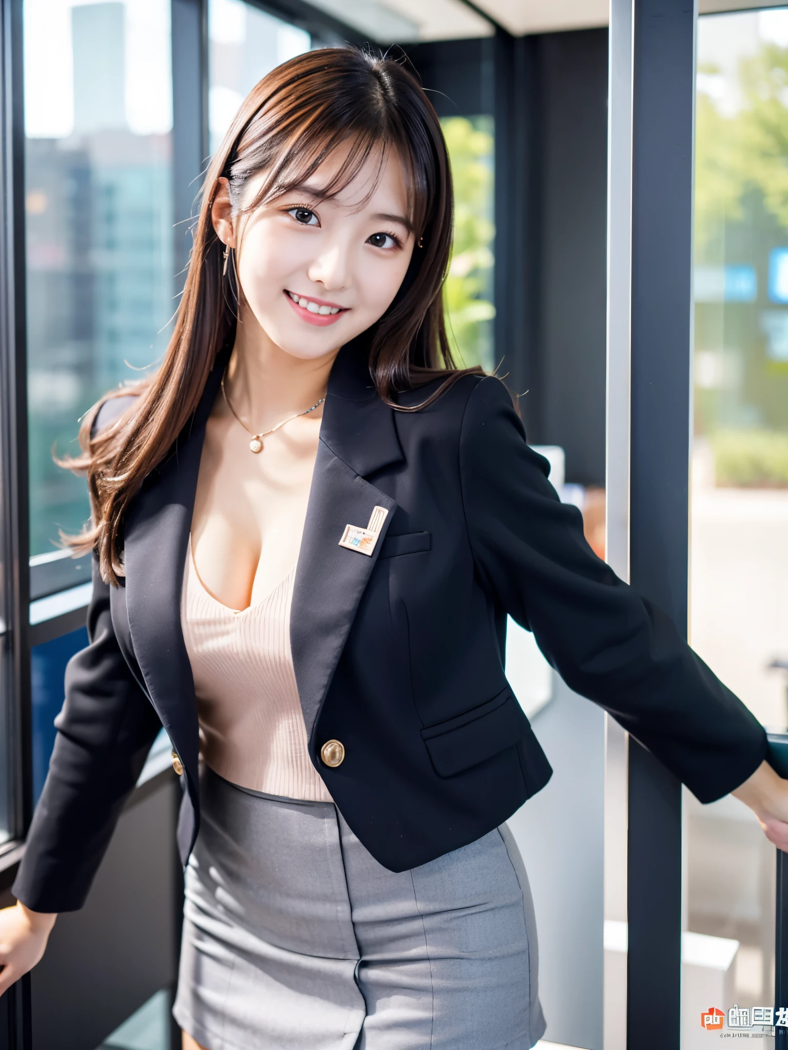 masterpiece、超High resolution、She is very cute and young like an idol..々A cute 18-year-old businesswoman、Gentle and cute、A kind smile、A business jacket that shows off cleavage、Medium Bust、Business Mini Skirt、Working in a building office　whole body、RAW Photos、Genuine、High resolution、live-action