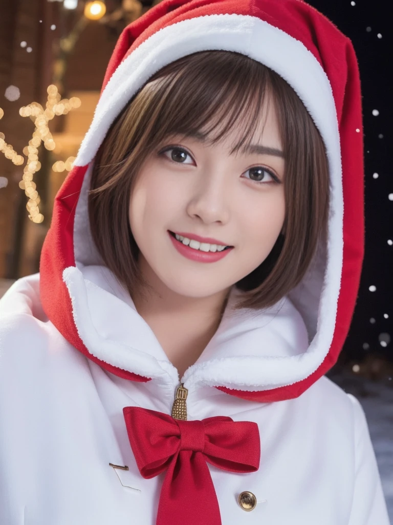 1girl, santa claus costume, symmetry, beautiful cute girl, slender figure, (ultra short hair:1.5), ultra big smile, Beautiful large round droped detailed eyes, beautiful detailed lips, extremely detailed face, natural makeup, (best quality,4k,8k,highres,masterpiece:1.2),(ultra-detailed,realistic,photorealistic,photo-realistic:1.37),professional,vivid colors,studio lighting,snowing night town,christmas eve