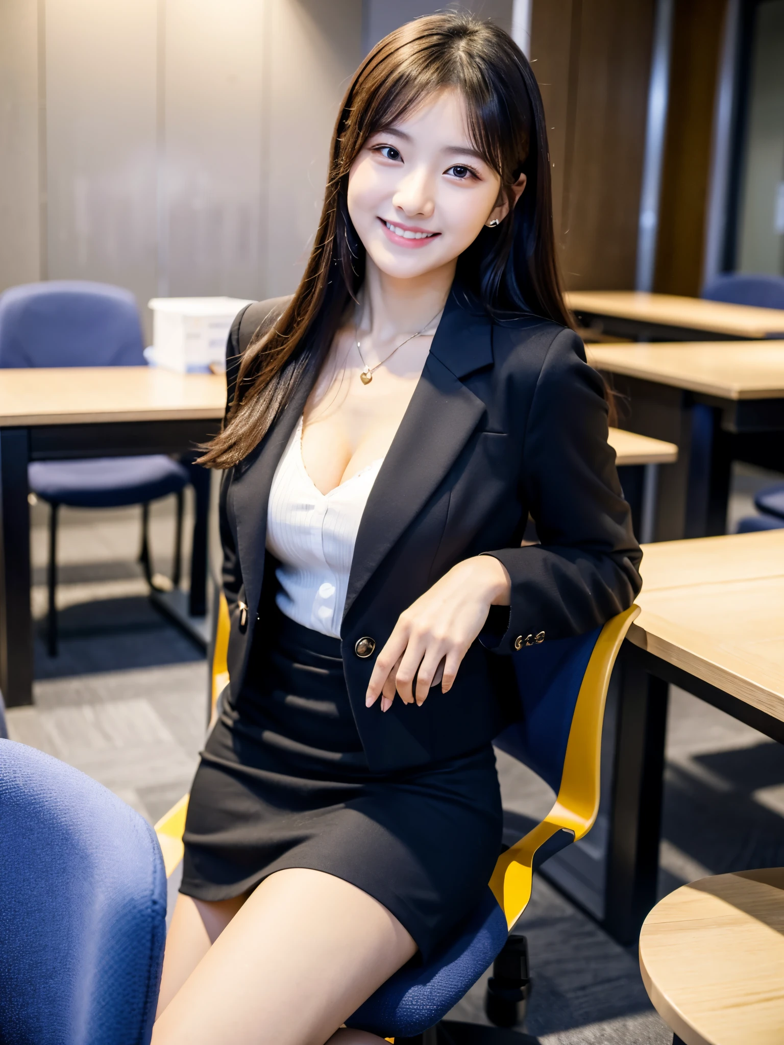 masterpiece、超High resolution、She is very cute and young like an idol..々A cute 18-year-old businesswoman、Gentle and cute、A kind smile、A business jacket that shows off cleavage、Medium Bust、Business Mini Skirt、Working in a building office　Sitting in a chair　((whole body))、RAW Photos、Genuine、High resolution、live-action