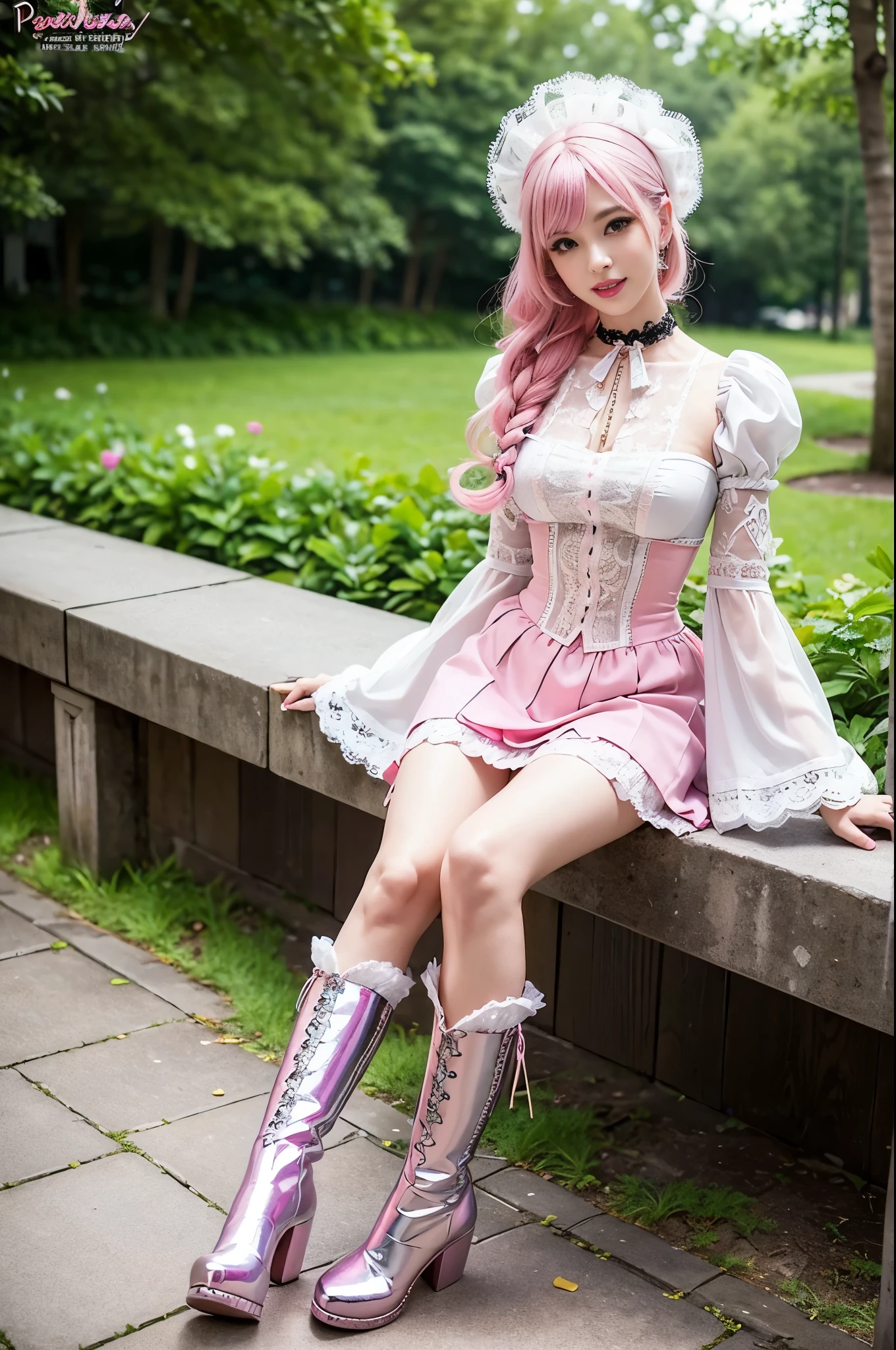 (nsfw), sexy stylish Swedish model, only 1 female, ((doll-like appearance)), short neon pink stylish hair, ((shiny Victorian-Style boots)), (big smile), ultra detailed eyes, vivid eye makeup, lip-gloss, long lashes, defined eyebrows, ((sexy Paradise Kiss cosplay)), bell-shaped skirt, petticoats, high neckline, puffed sleeves, ((ultra detailed lace)), ((ultra detailed embroidery)), intricate details, Paradise Kiss accessoires and matching headpiece, choker, ((large sparkling Paradise Kiss jewelry)), cinematic light, detailed large park background with trees