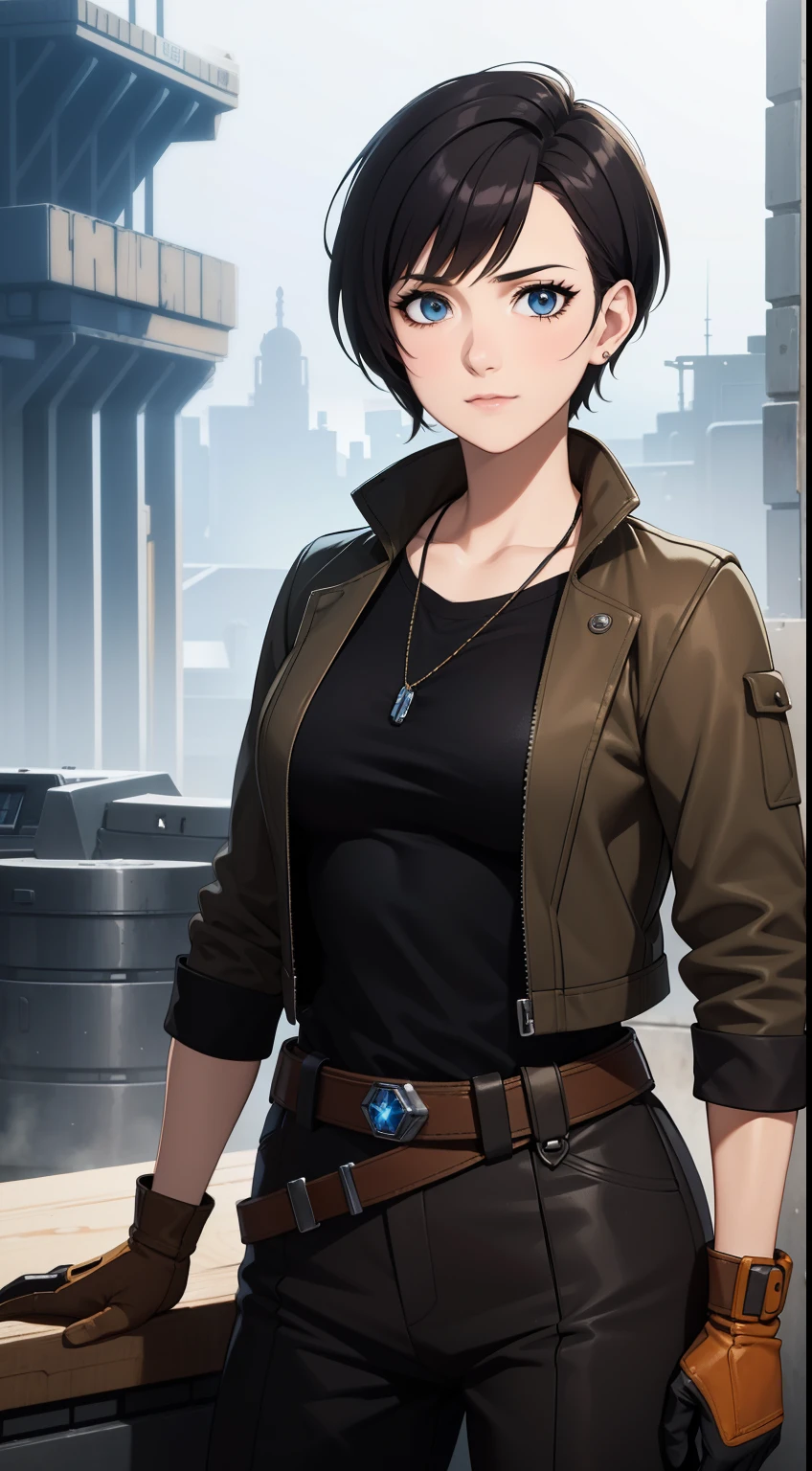 (high-quality, breathtaking),(expressive eyes, perfect face) Symmetrical Eyes, portrait, Star Wars Universe, 1girl, female, adult, mechanic, punk jacket, shirt, short sleeved, gloves, pants, belt, wrench, crystals, messy hair, black hair color, brown eye color, short hair length, stylized hairstyle, pixie haircut, tall, technician outfit, engineer, sci fi workshop background, work bench, tools, mature, narrow eyes, dog tag necklaces, soft smile, soft eyelashes, age 28
