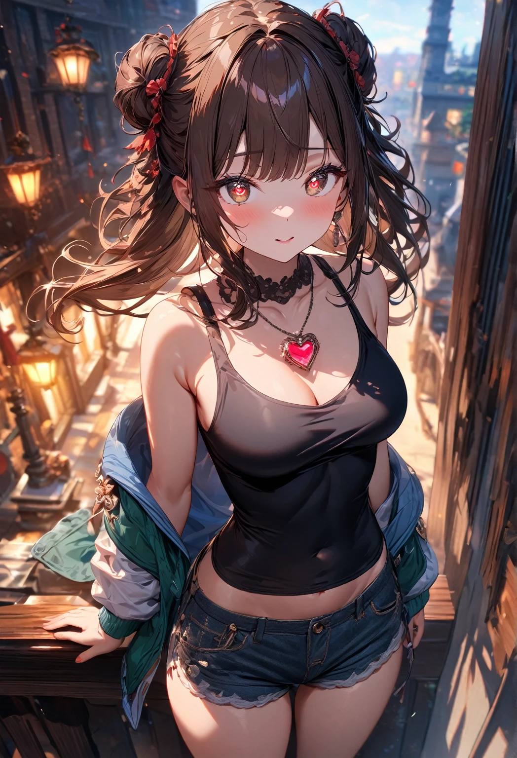 1girl, (best quality, top details, high quality, detailed, highest quality, recent, greater quality, highres, ultra fine painting, (masterpiece:1.2)), digital art, 8k CG wallpaper, 4k, 8k resolution, from above, CG, detailed background, high resolution, epic lighting, RAW photo, POV shot, sharp focus, HDR, UHD, professional photography, good lighting, soft light, soft colors, looking at viewer, detailed lights and shadows, niji style, stylish, ultra, ultra-detailed, trending art, master crafted, blurry background, pose, top quality, details, solo, a nervous girl, (medium breasts:1.2), tight bust, flushtered, nice hips, nice body, casual, innocent face, cute, slim, nervous face, brown hair, long flowing hair, twin buns hairstyle, long bangs, (long hair), middle hair bangs, brown eyes, full body, ((tight black string tanktop:1.2), exposed tummy, off shoulder green open hoodie, shorts, one big red gem heart necklace, (bright glowing heart shaped pupils))